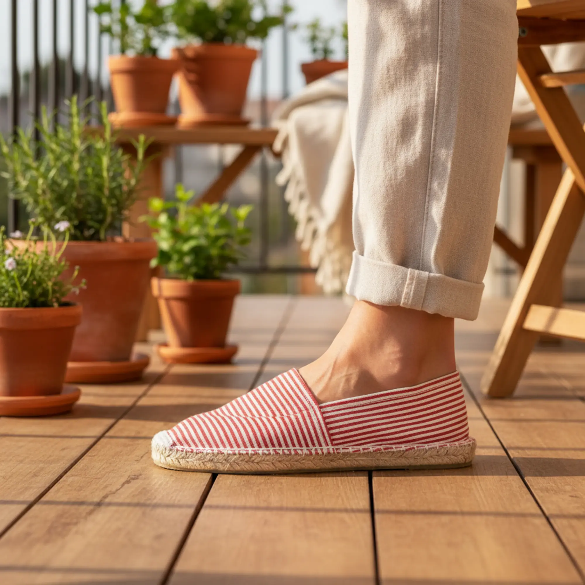 Rot gestreifte Espadrilles, Leinenhose, Holzbalkon.