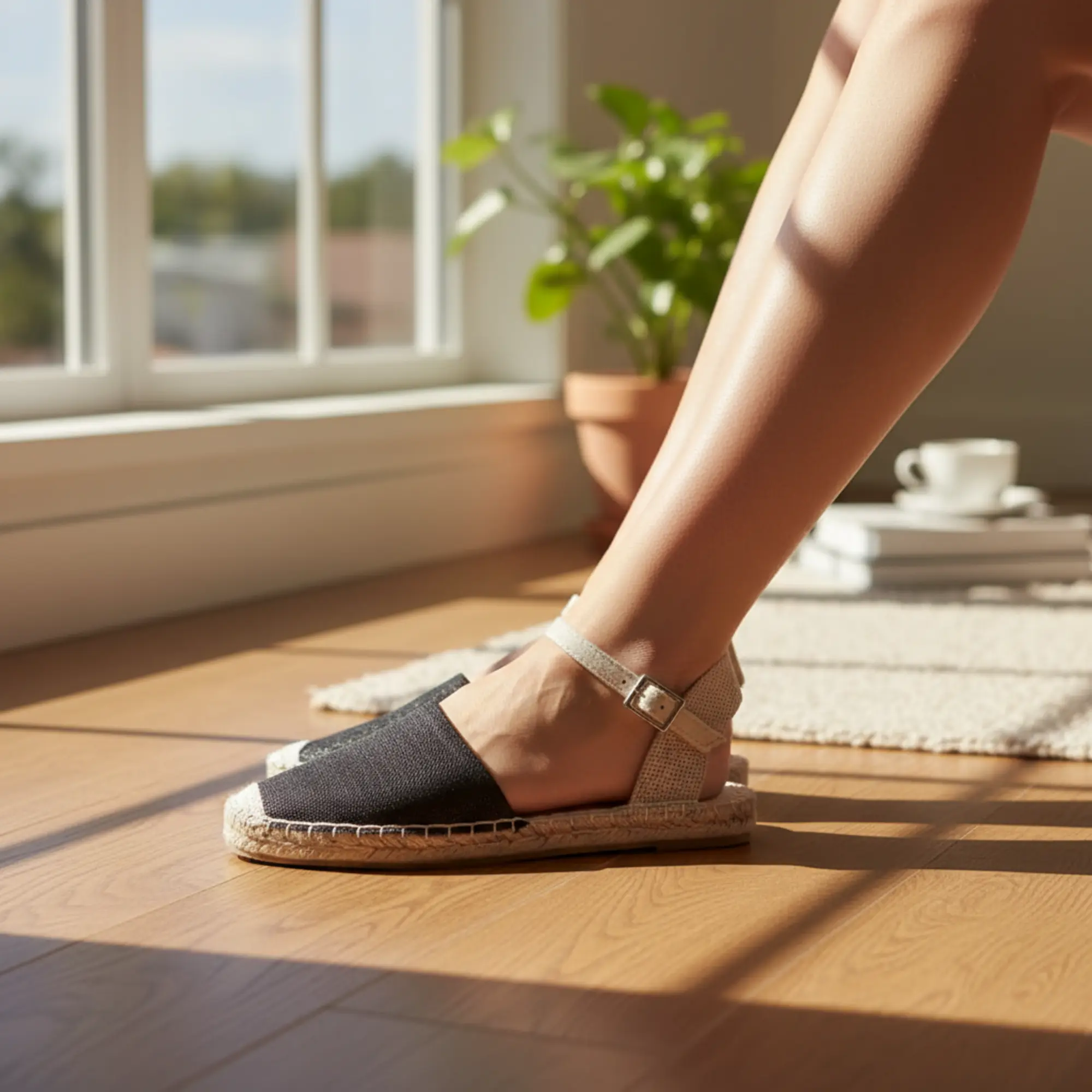 Frau sitzt in Espadrilles am Fenster.