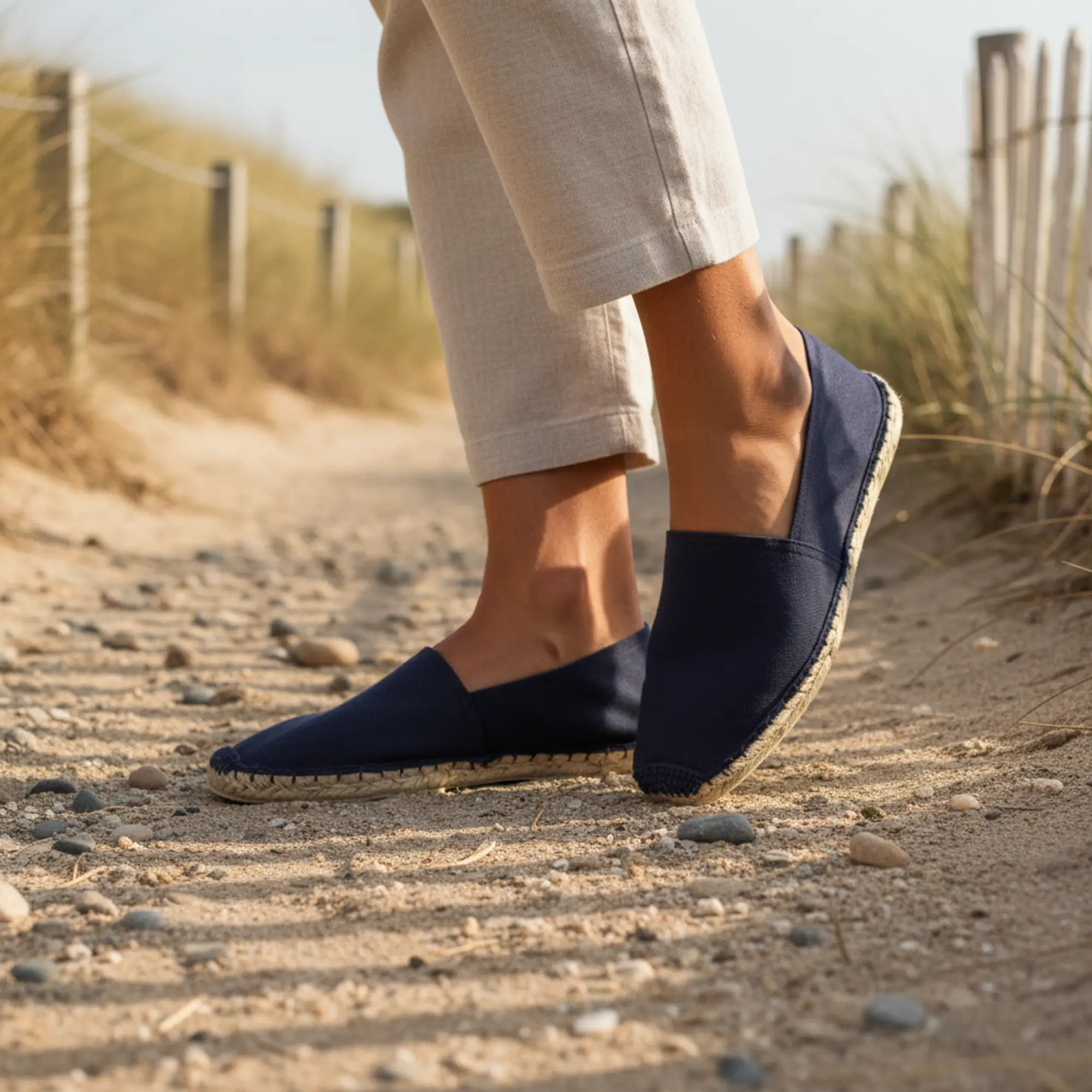 Espadrilles aus Canvas (marineblau) auf einem Strandweg.