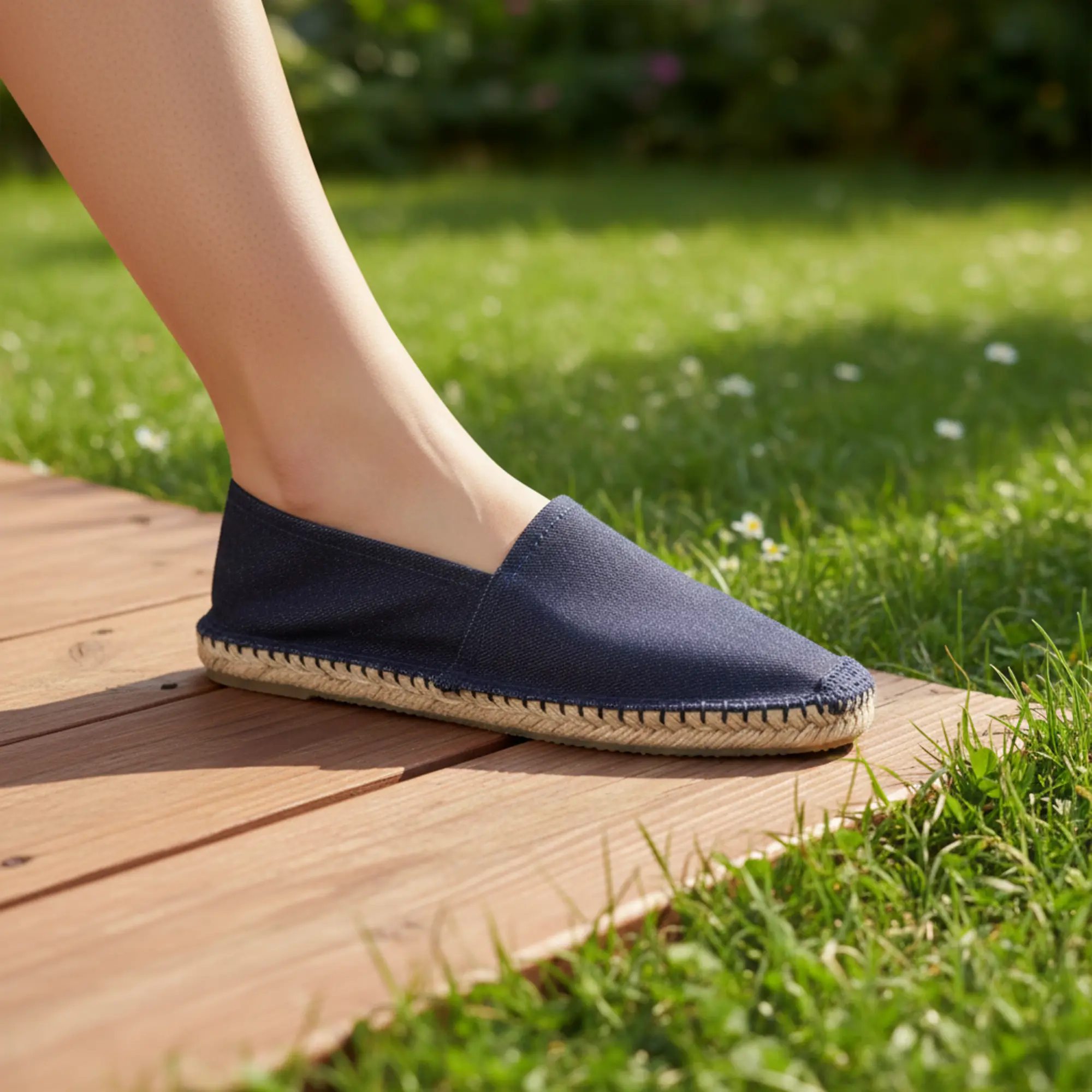 Jeans-Espadrilles auf Holz, sommerliche Outdoor-Mode.