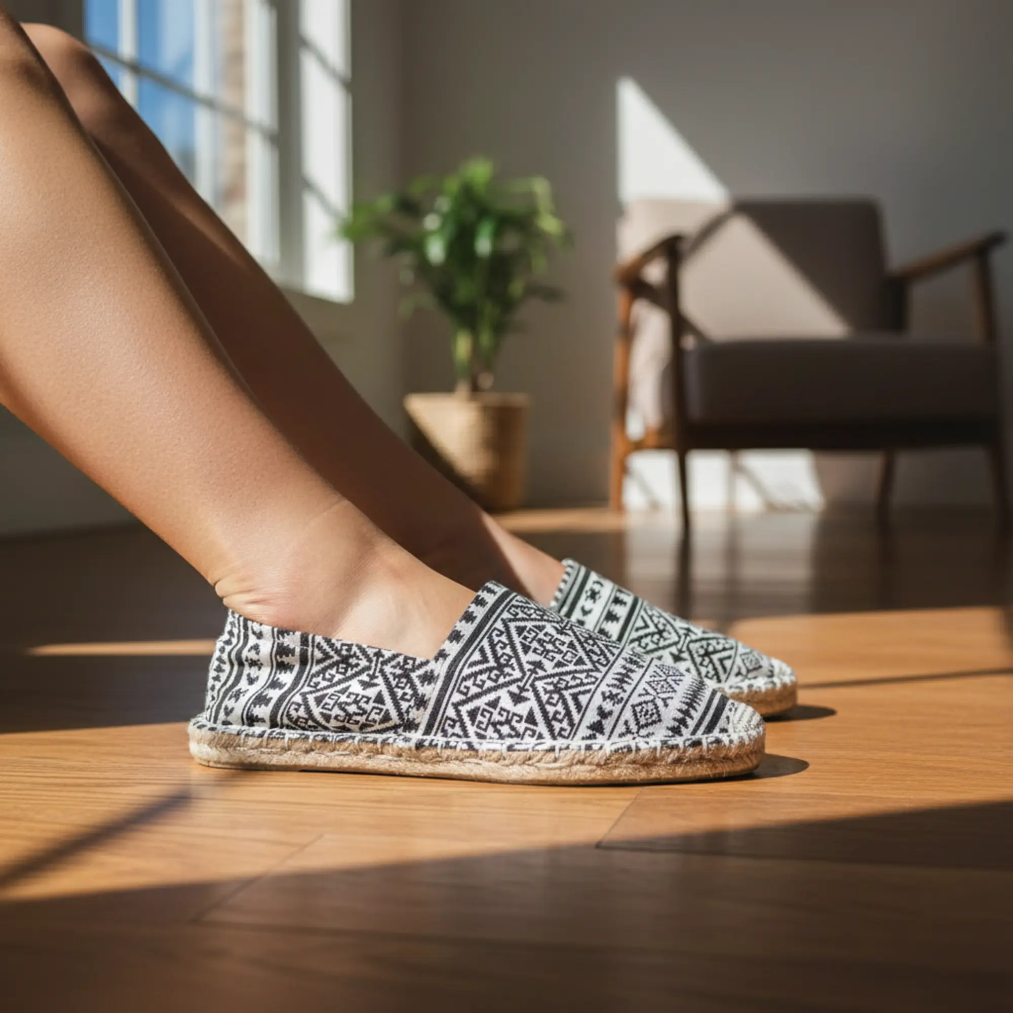 Beine in gemusterten Espadrilles auf Holzboden.
