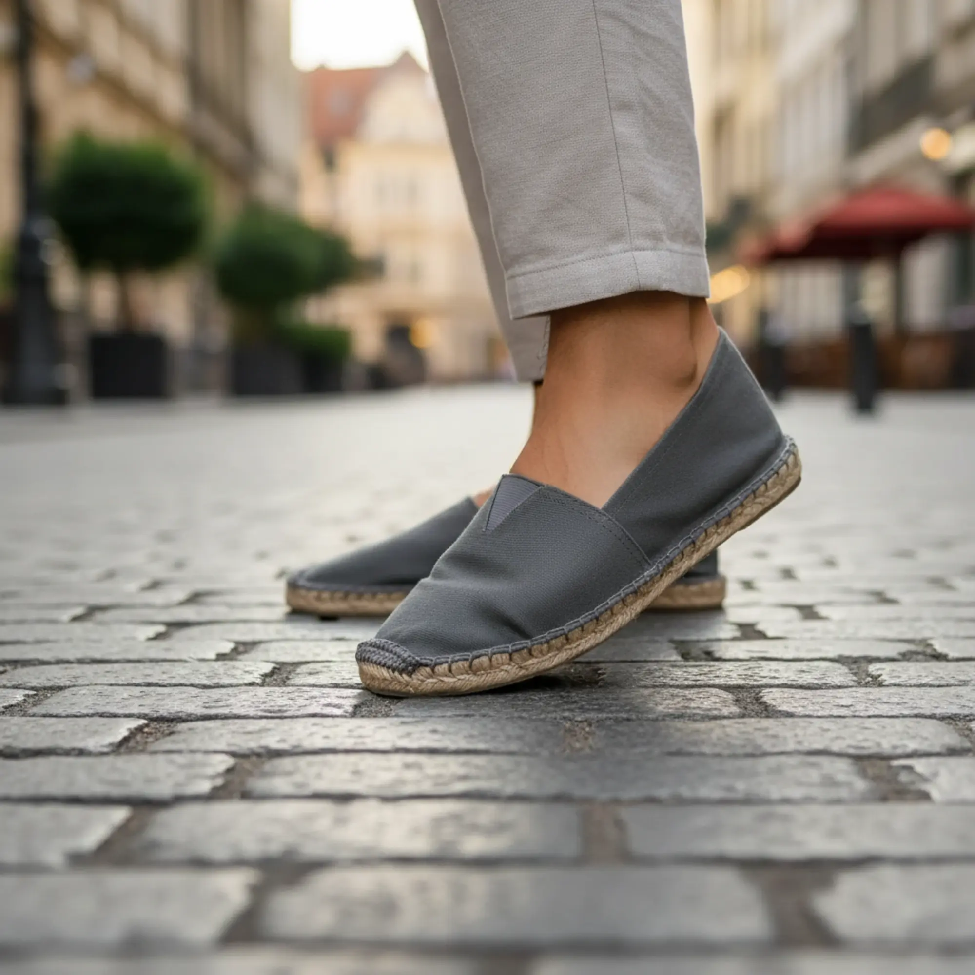 Eine Person in grauen Espadrilles geht auf Kopfsteinpflaster.