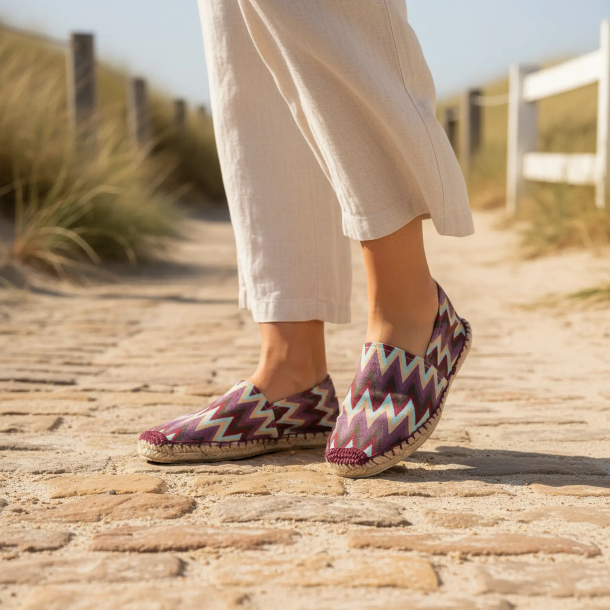 Espadrilles auf einem Backsteinweg, Strandkulisse.