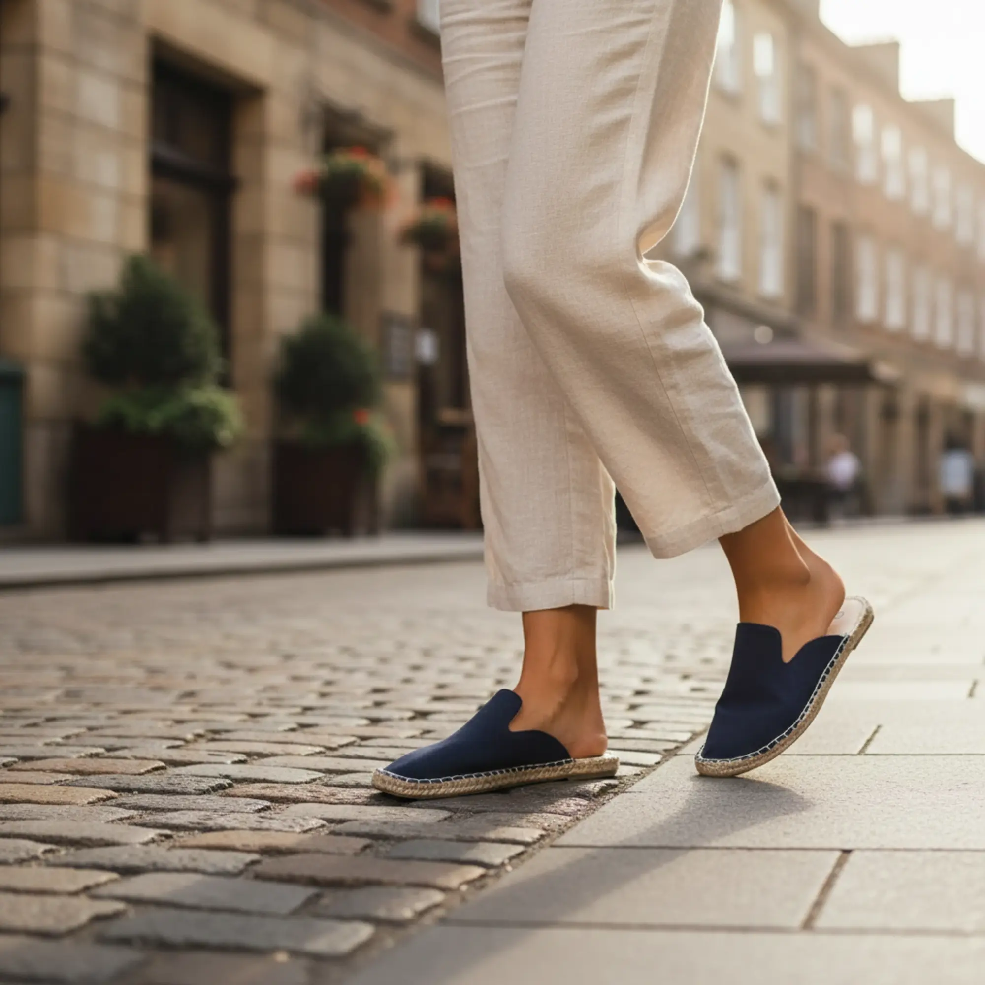 Espadrille-Mules aus marineblauem Canvas auf der Straße.