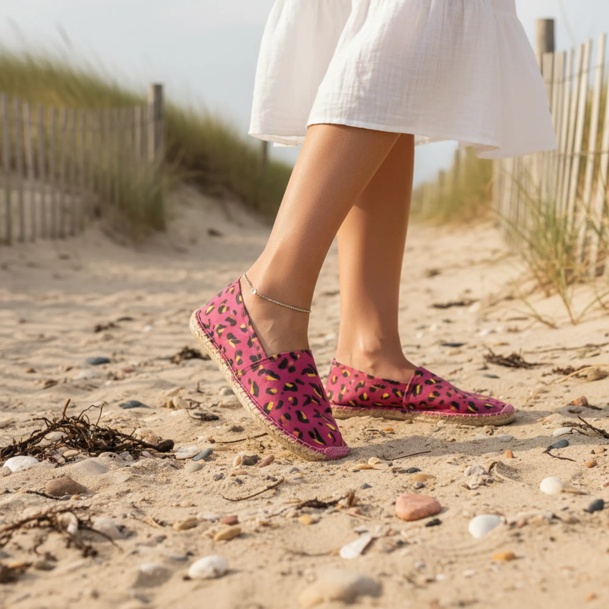 Frau mit korallenfarbenen Leoparden-Espadrilles am Strand