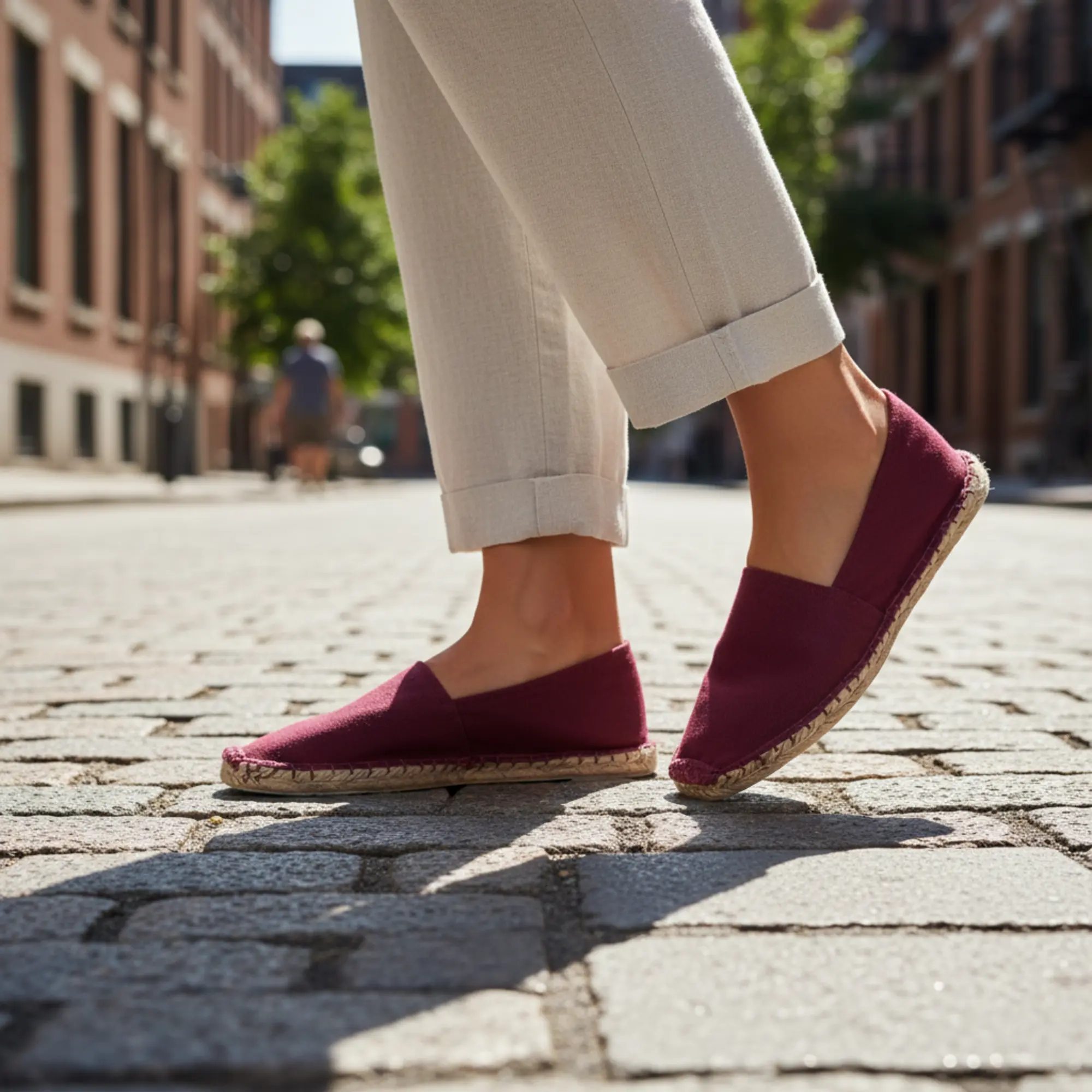 Espadrilles unicolor Canvas Sommerlatschen bordeaux auf Kopfsteinpflasterstraße