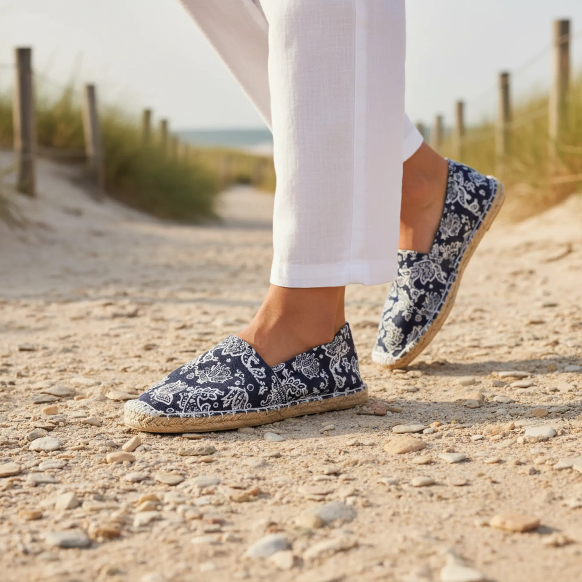 Ich spaziere am Strand und trage gemusterte Espadrilles.