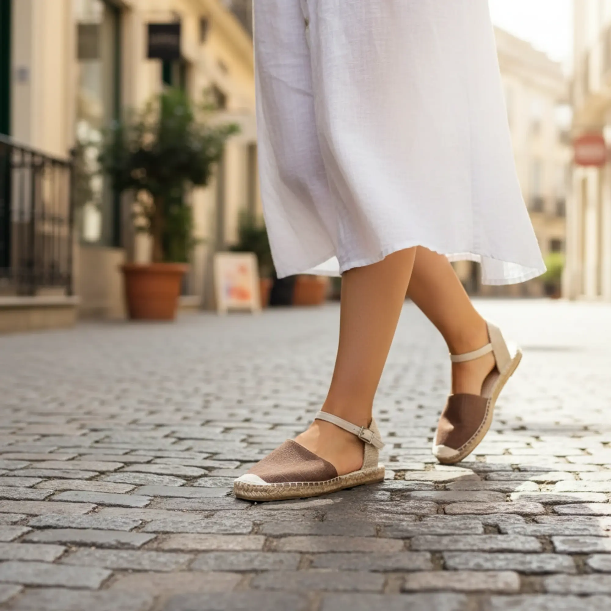 Espadrilles, braun-beige Sandalen mit weißen Culottes.