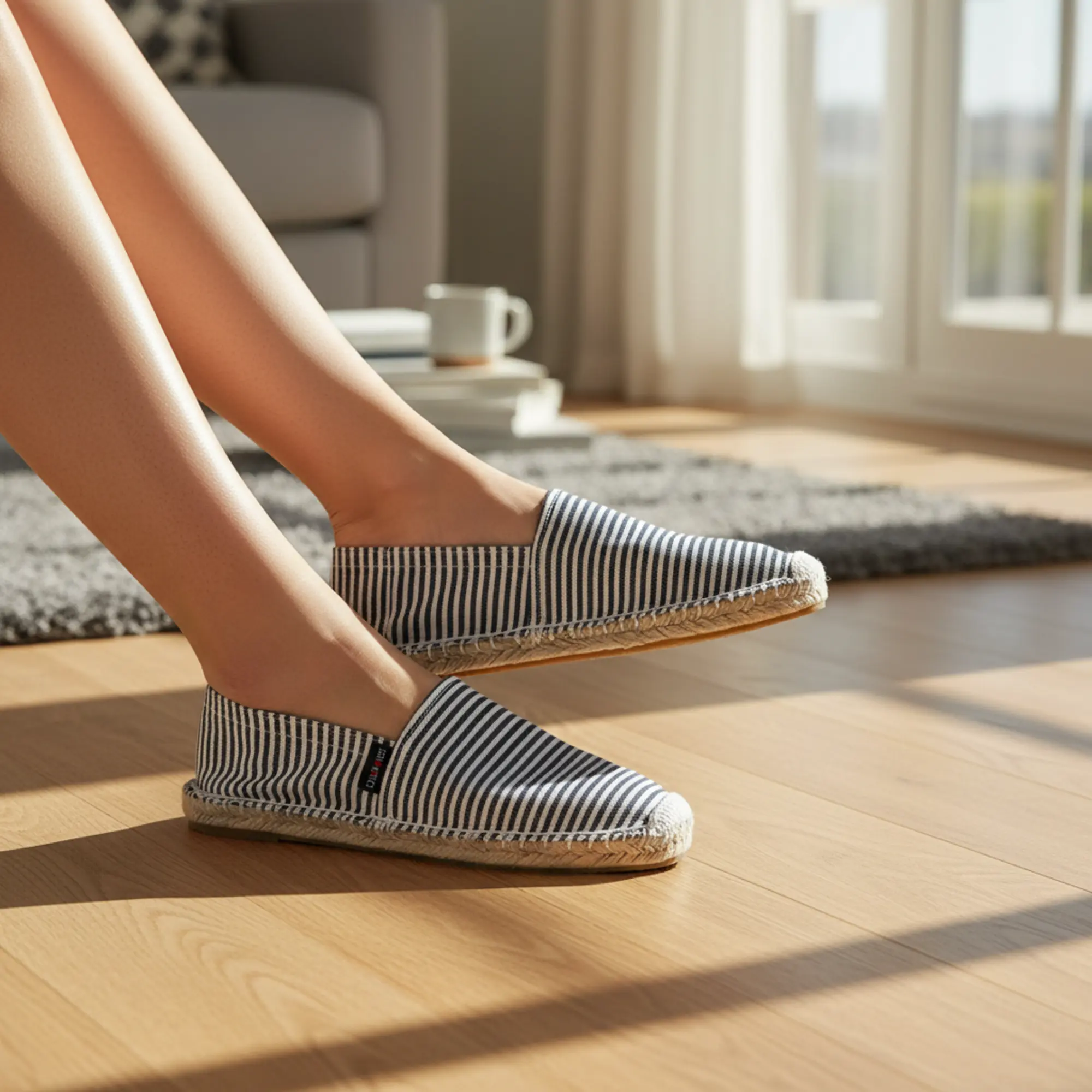 Beine in gestreiften Espadrilles auf Holzboden