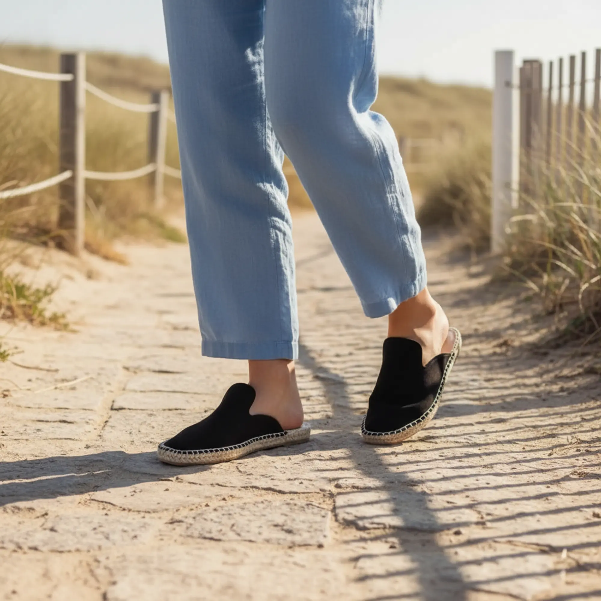 Frau in schwarzen Espadrilles geht auf dem Strandweg.