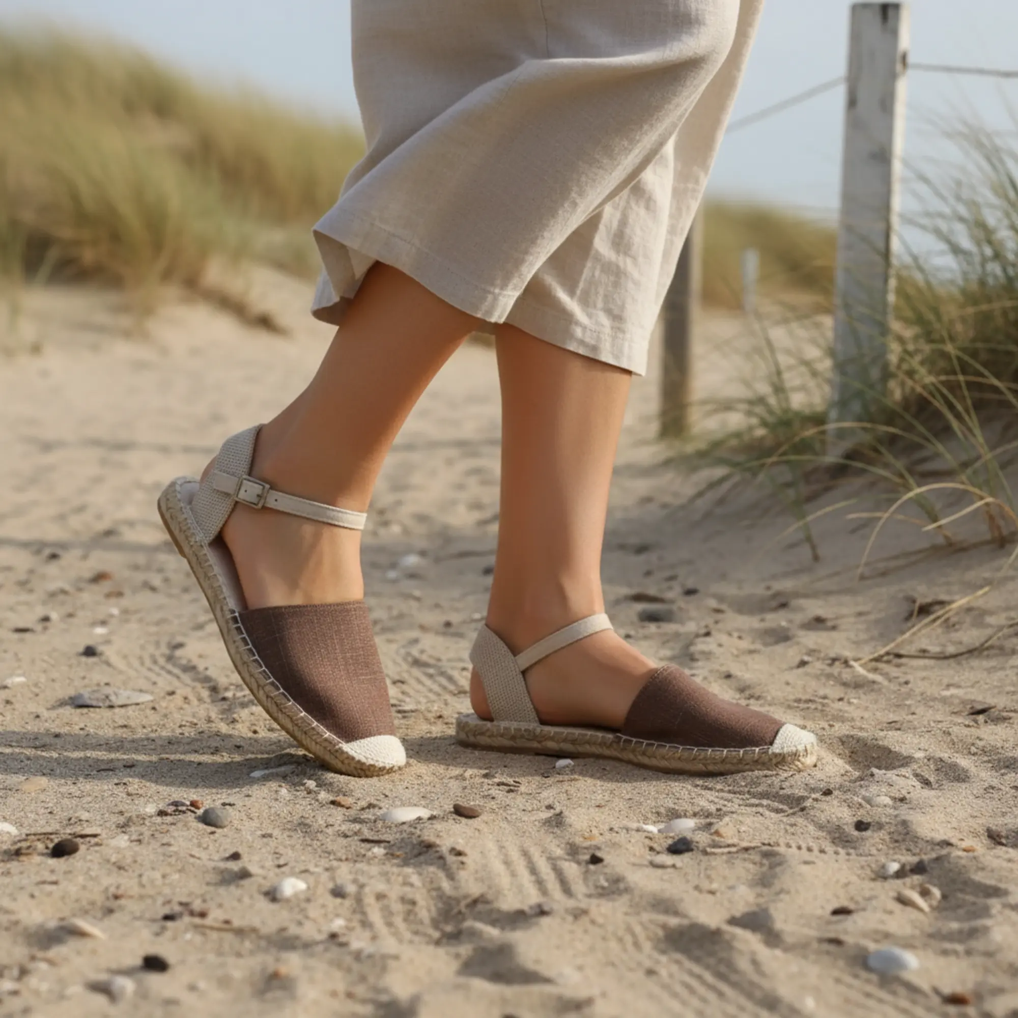 Espadrilles am Sandstrand während der Sommerferien.