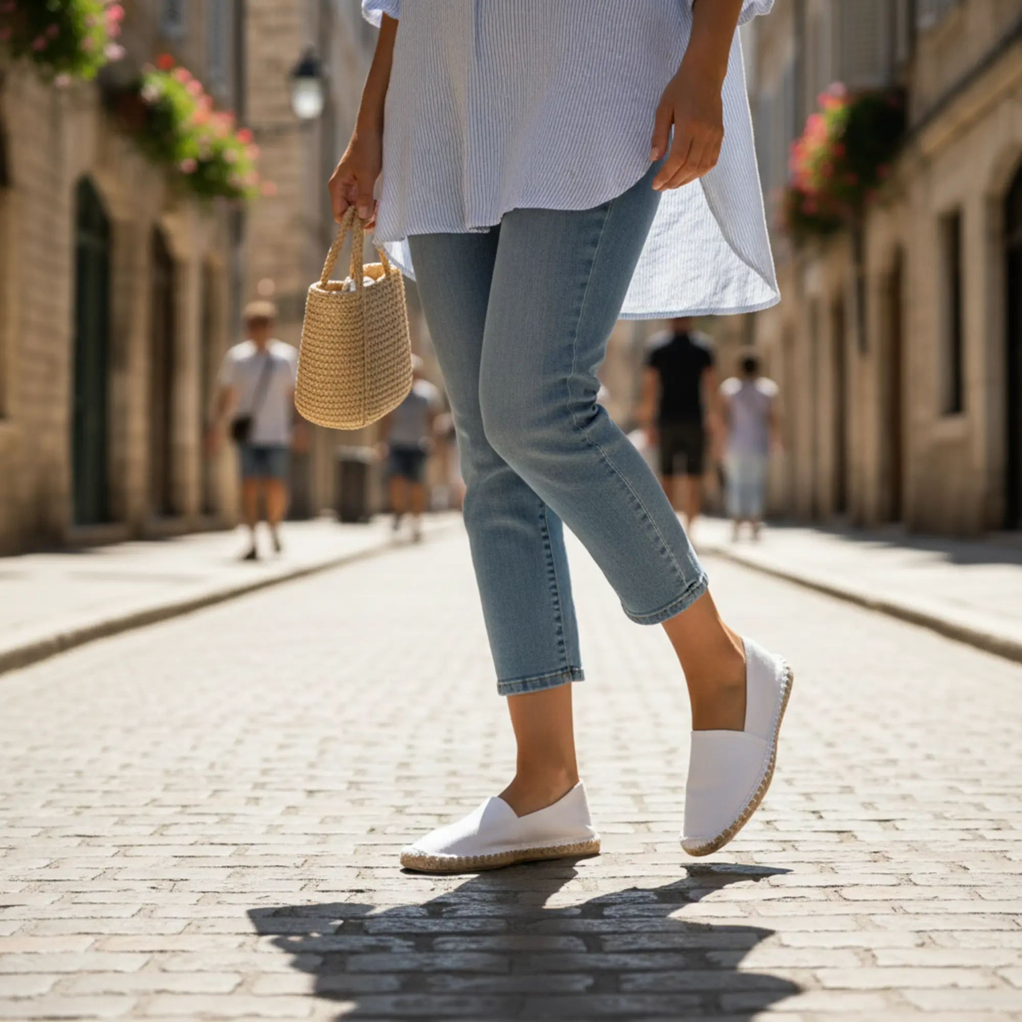 Weiße Espadrilles, Frau geht eine Backsteinstraße entlang.