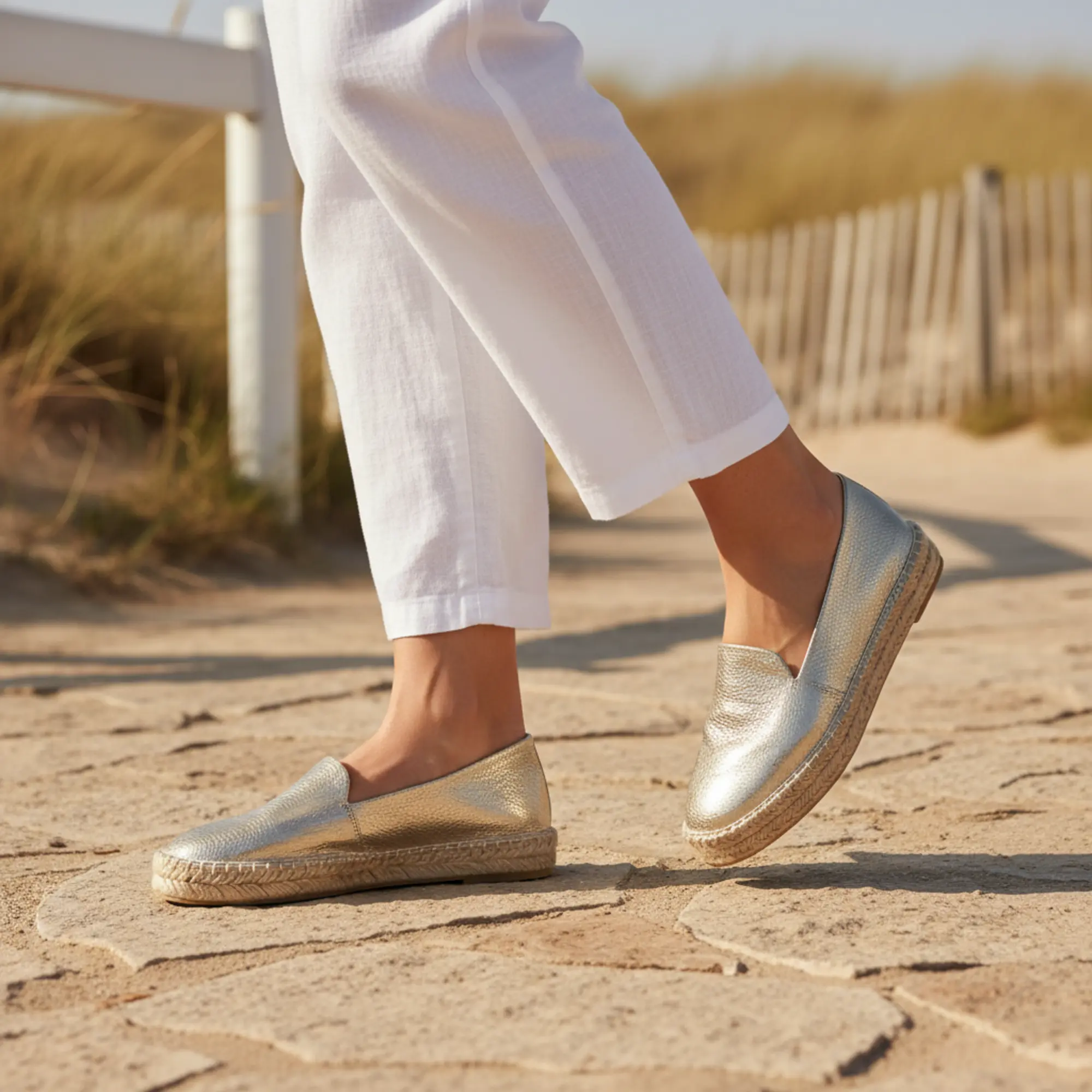 Frau mit goldenen Espadrilles am Strand