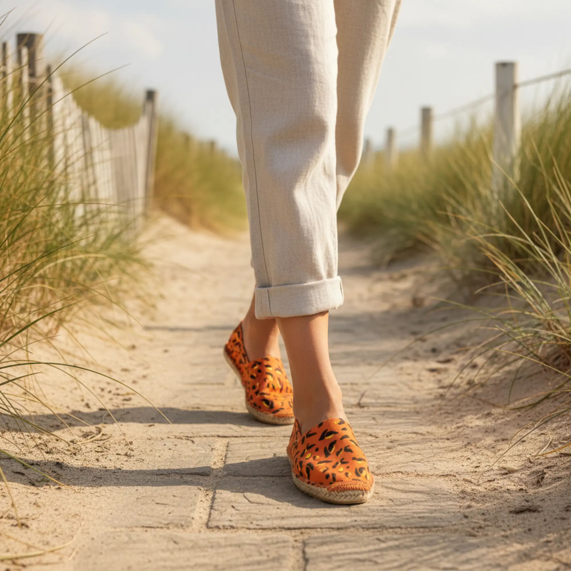 Dünenwandern in orangefarbenen Espadrilles mit Leopardenmuster.