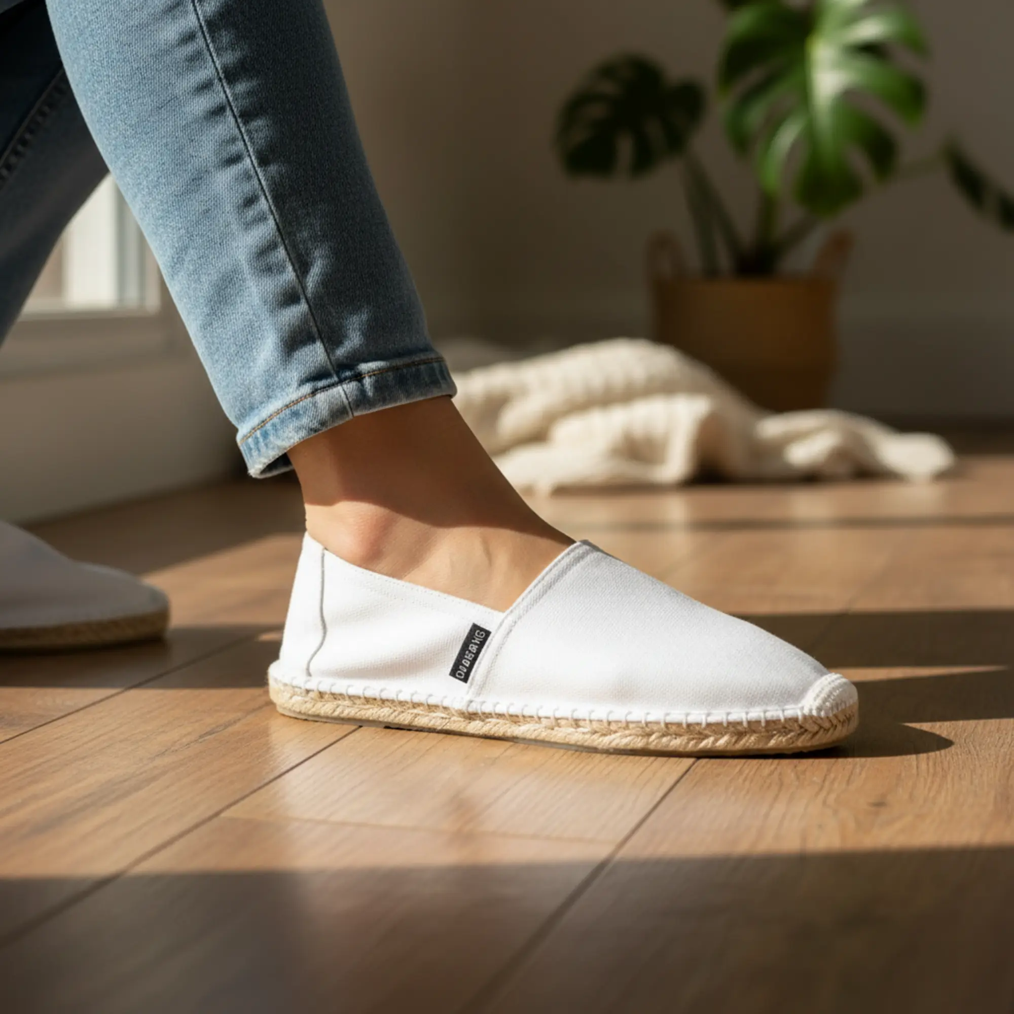 Eine Person in weißen Espadrilles auf einem sonnenbeschienenen Holzboden.