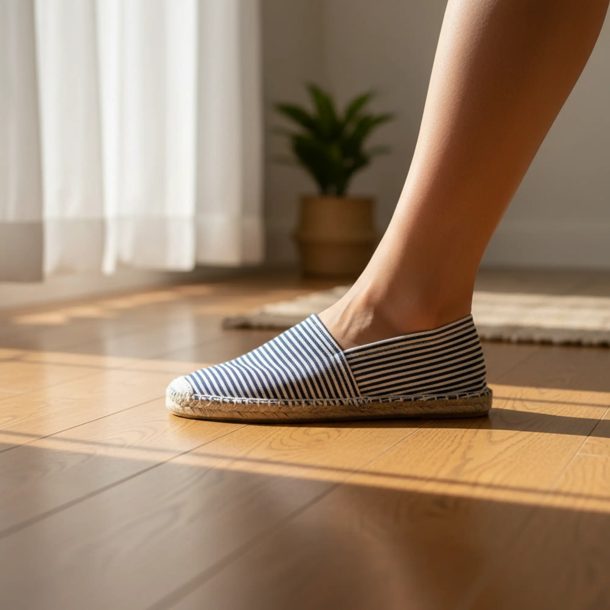 Blaue, gestreifte Espadrilles aus Canvas, die in Innenräumen zu Fuß getragen werden.