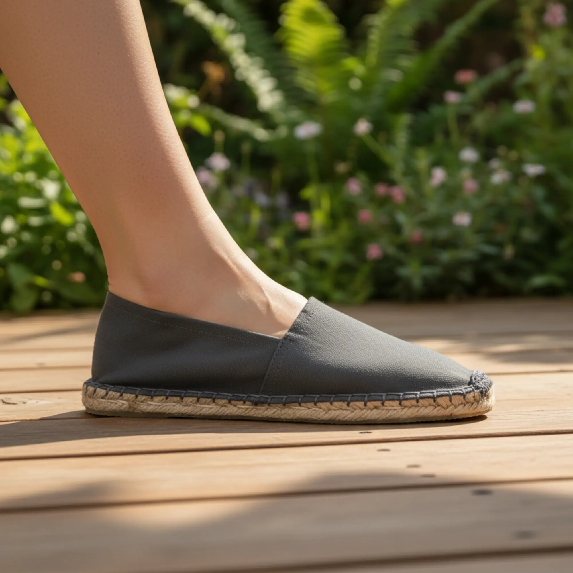 Dunkelgraue Espadrilles zu Fuß im Freien.