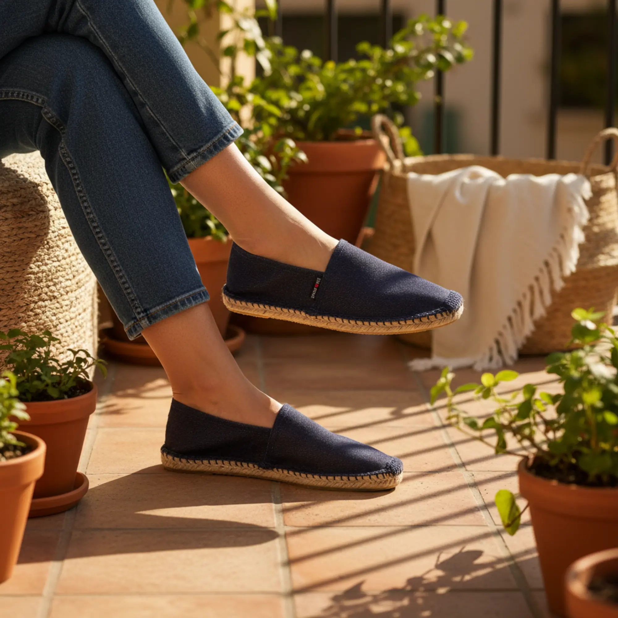 Eine Person, die auf der Terrasse Jeans-Espadrilles trägt.
