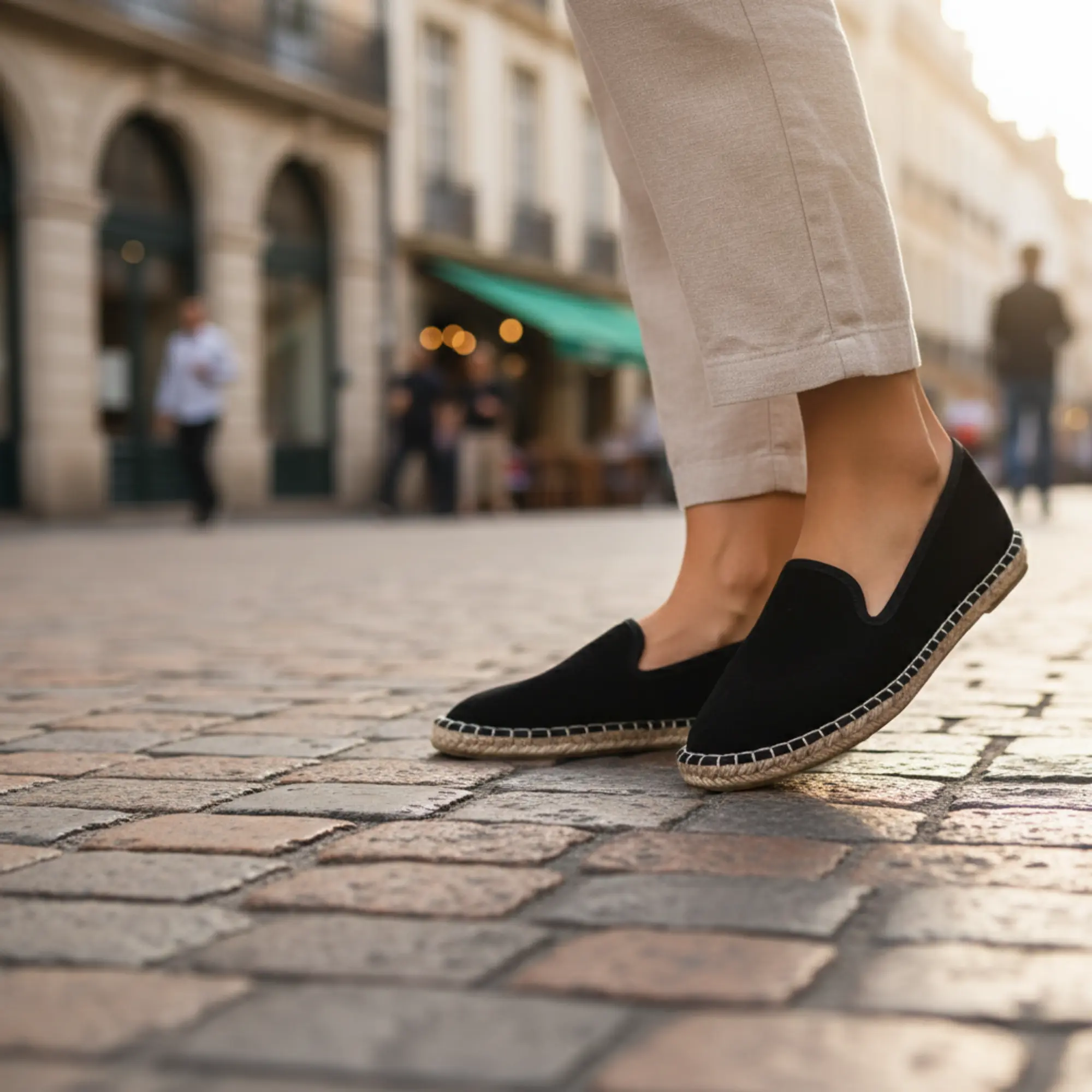 Schwarze Espadrilles, getragen auf europäischen Kopfsteinpflasterstraßen.