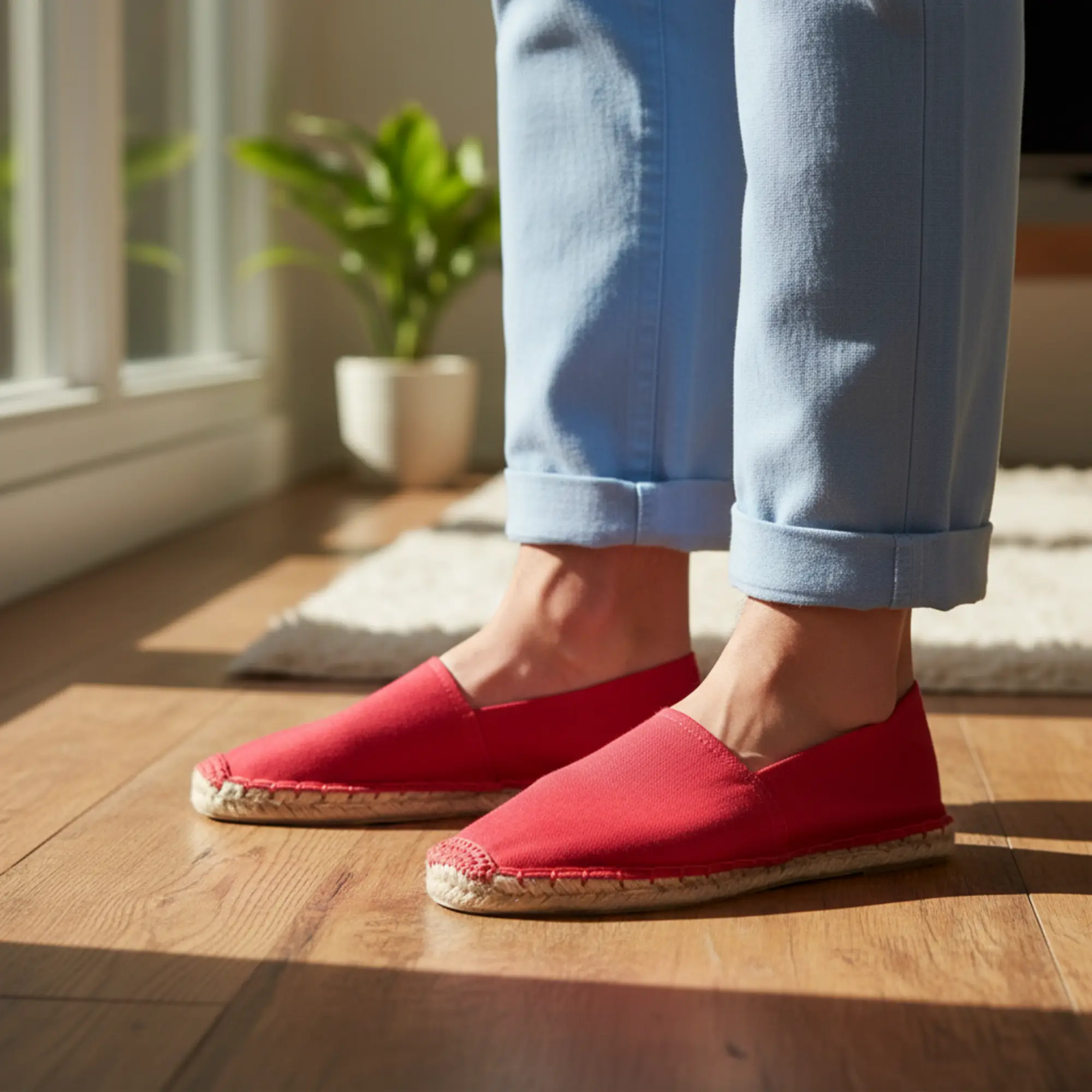 Rote Espadrilles, hochgekrempelte blaue Hosen, Holzboden