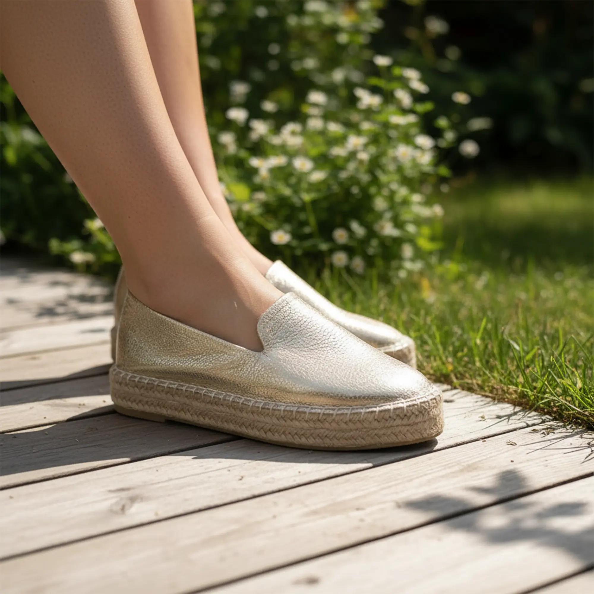 Goldene Espadrilles, die draußen auf der Holzterrasse getragen wurden.