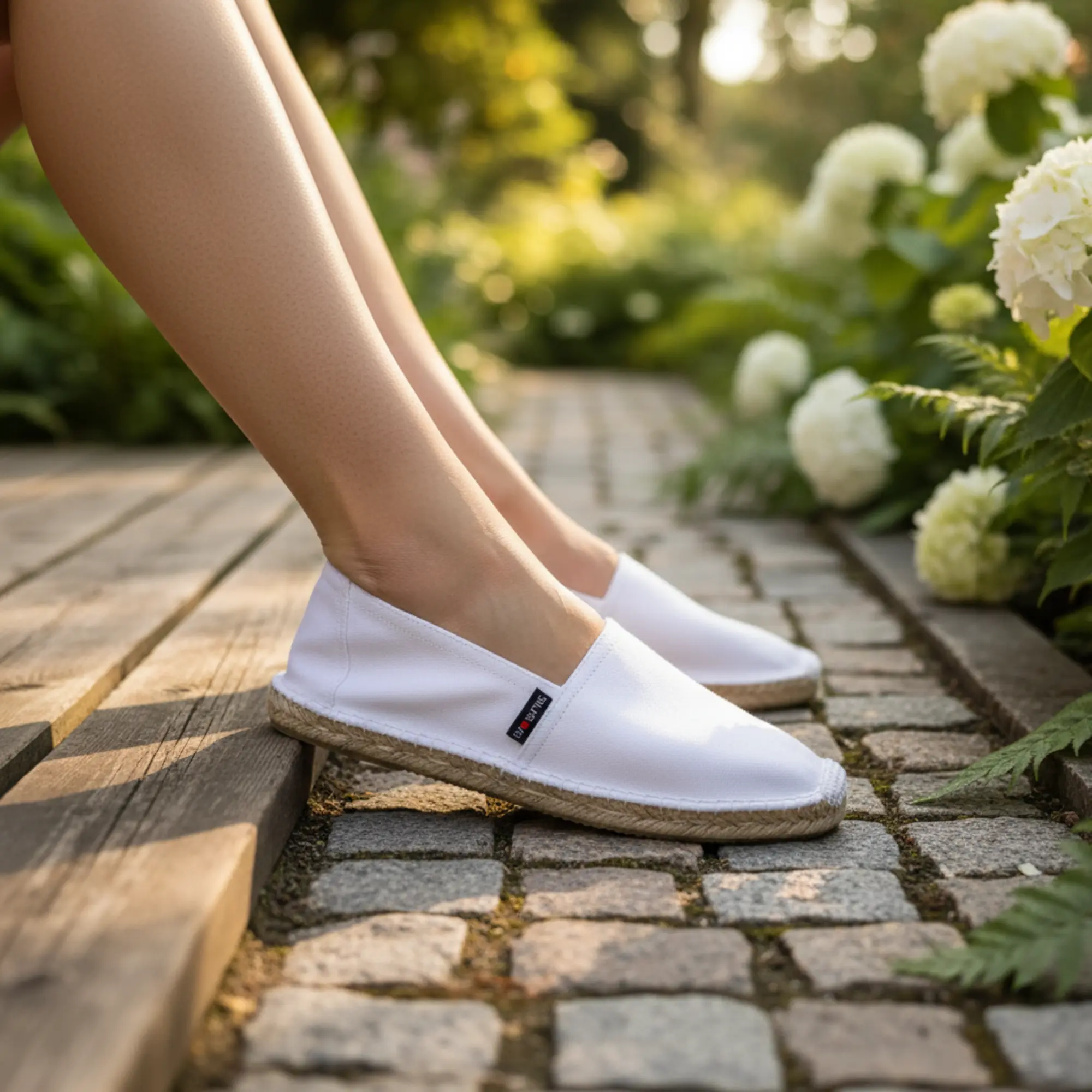 Weiße Espadrilles an den Füßen auf einem sonnigen Gartenweg.