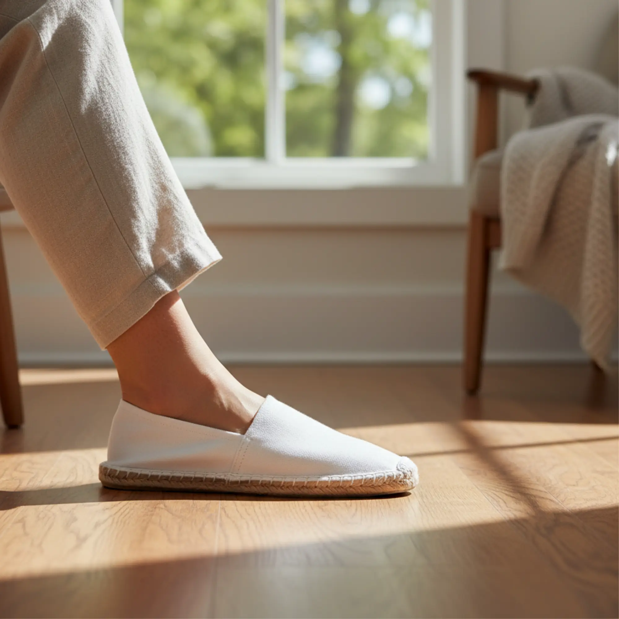 Person in weißen Espadrilles auf Holzboden.