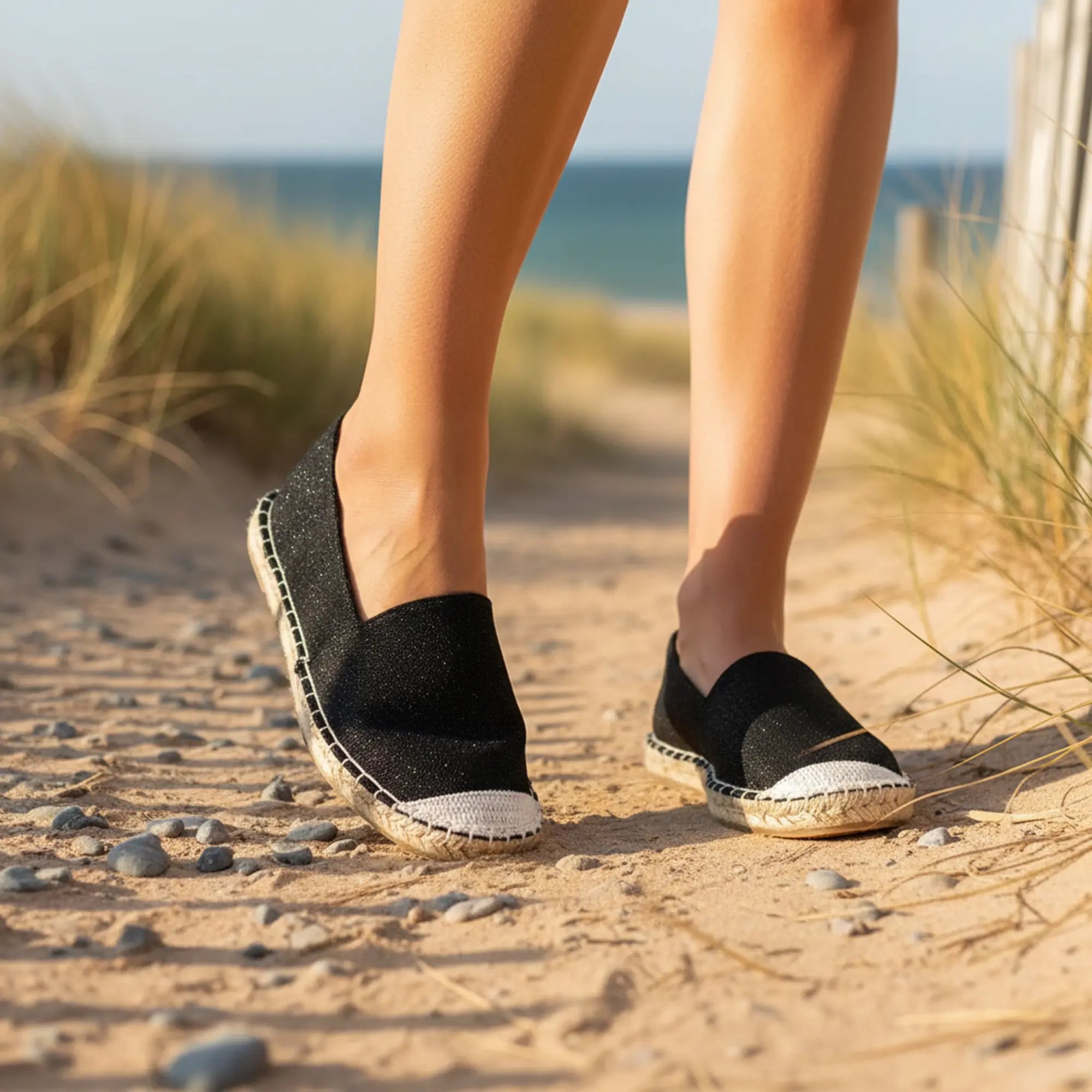 Frau am Strand, die schwarze Espadrilles trägt.