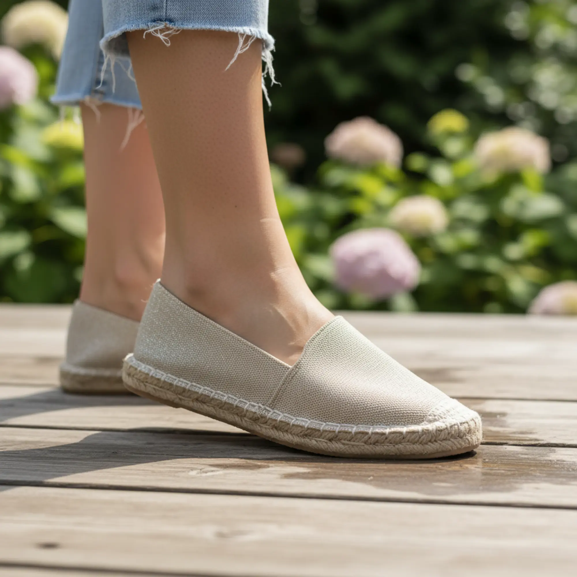 Goldene Espadrilles an einer Frau in zerrissenen Jeans.