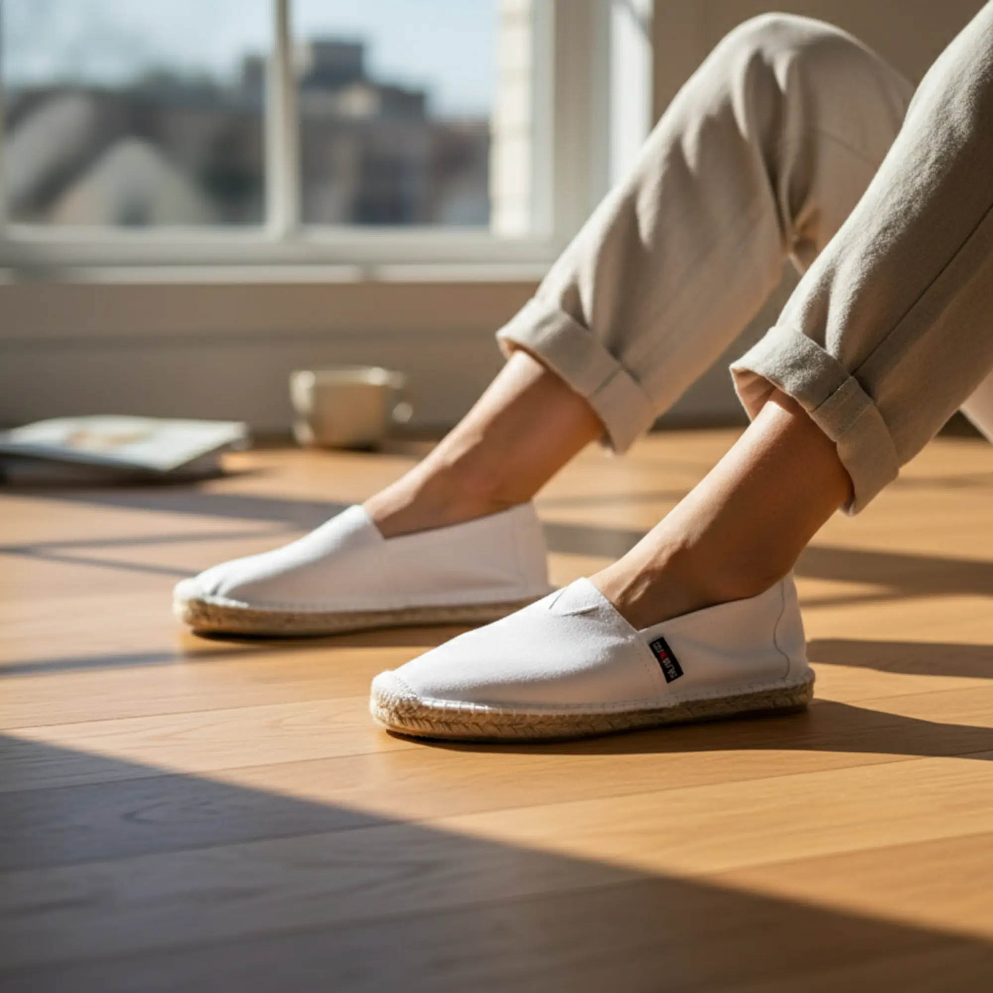 Eine Person, die weiße Espadrilles trägt, in einem sonnigen Raum.