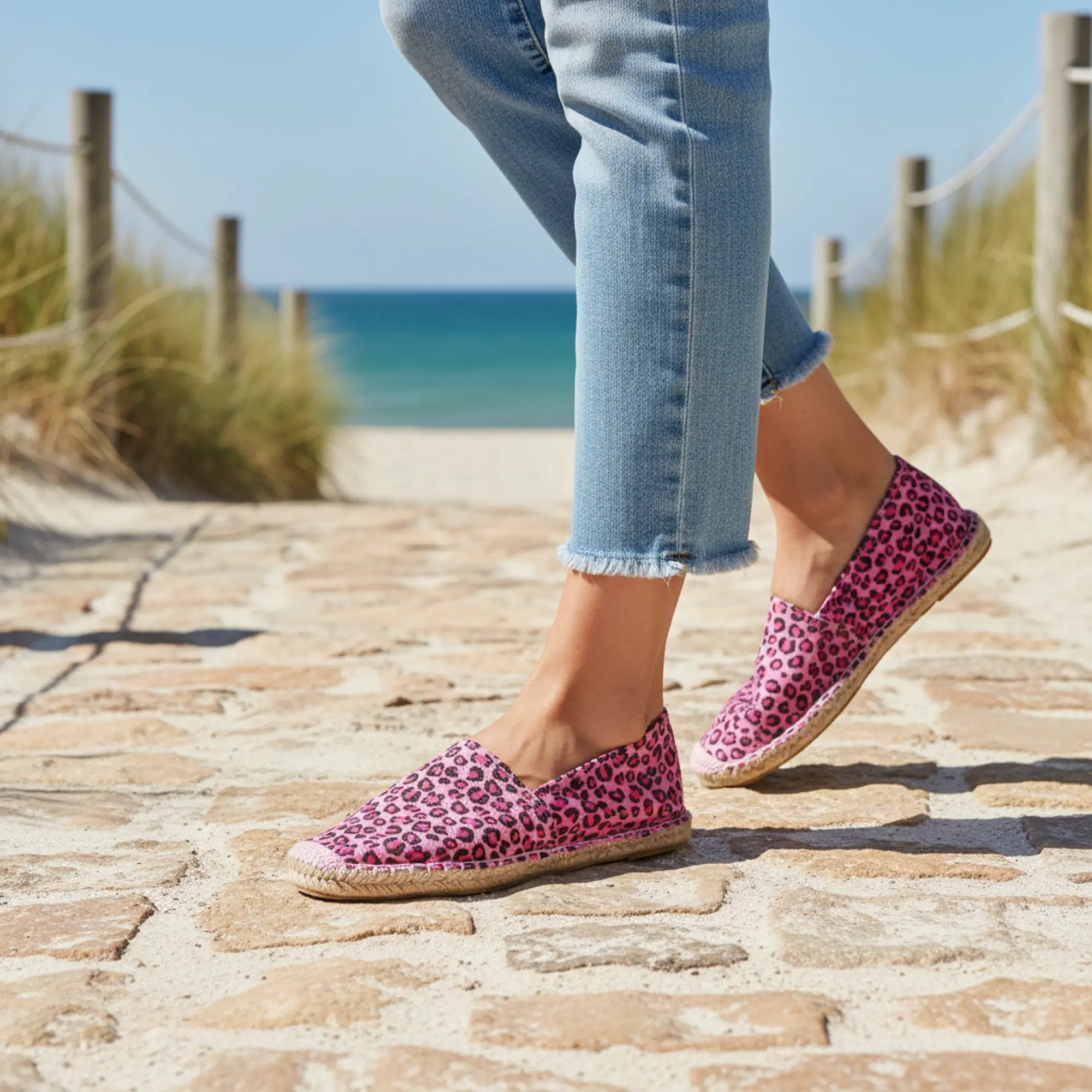 Pinkfarbene Espadrilles mit Leopardenmuster, die auf dem sandigen Weg zum Strand getragen werden.