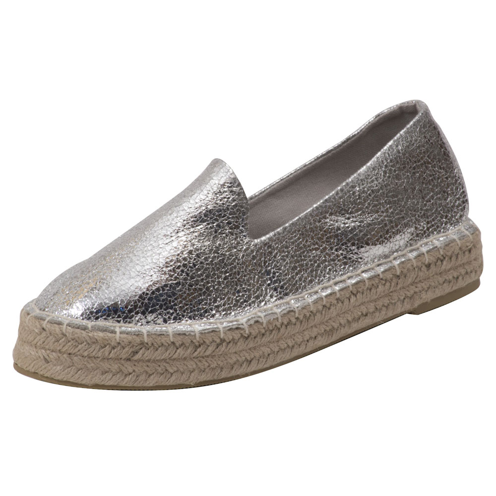 Espadrilles Metallic mit Plateausohle Canvas Damen Sommerlatschen Farbe: Silber, Größe: 37