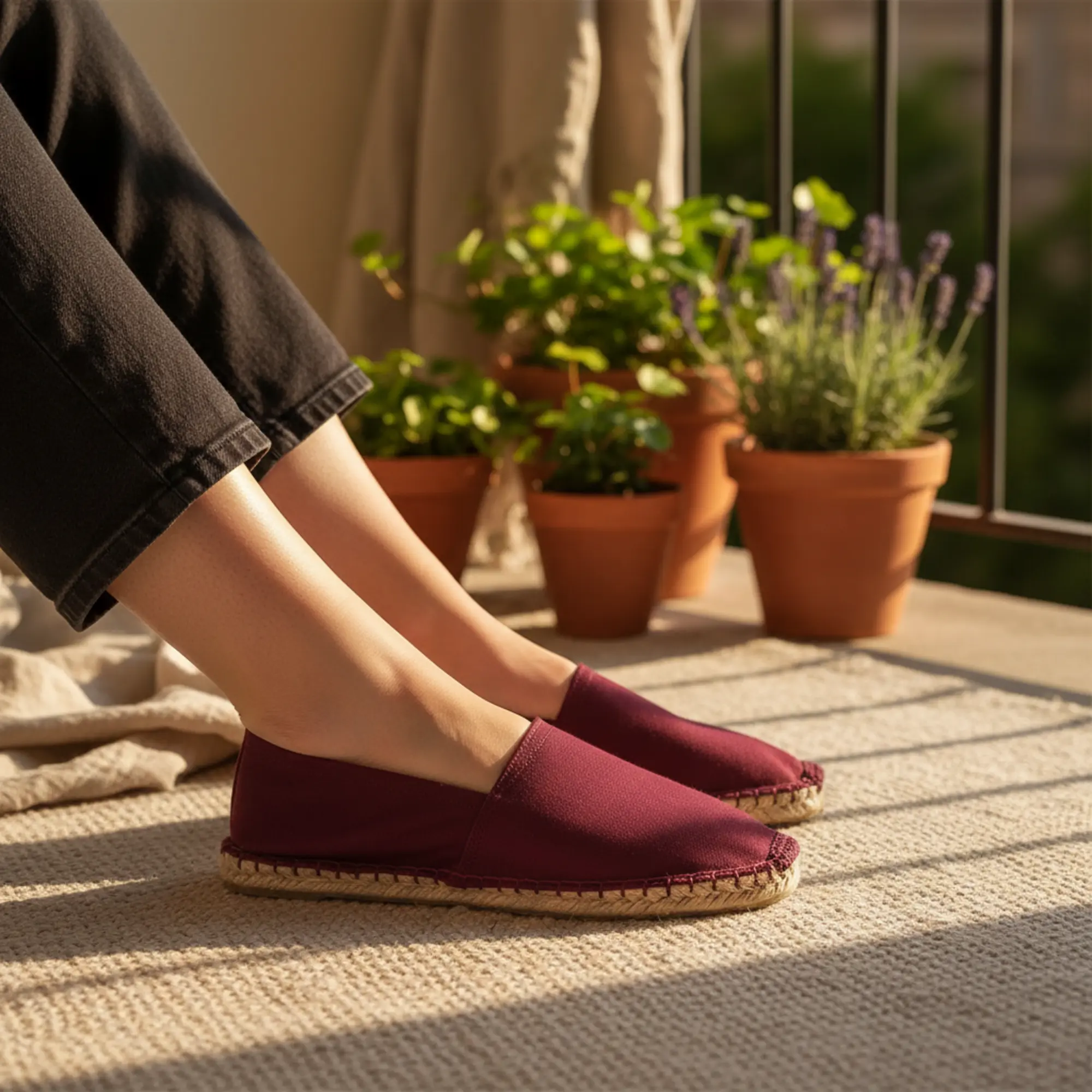 Bordeauxrote Espadrilles auf der Terrasse neben Topfpflanzen.