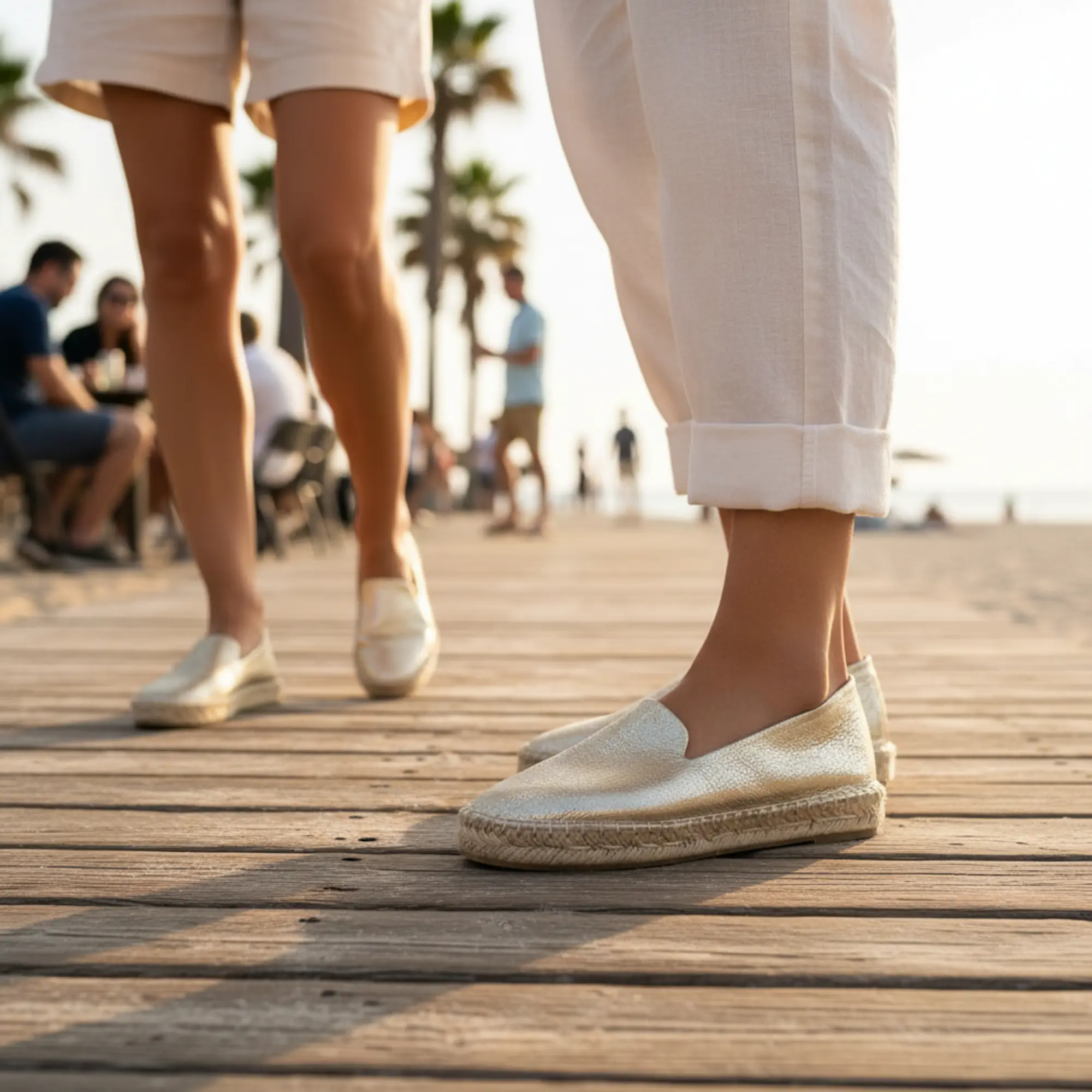 Metallische Espadrilles auf einem Holzsteg am Strand.
