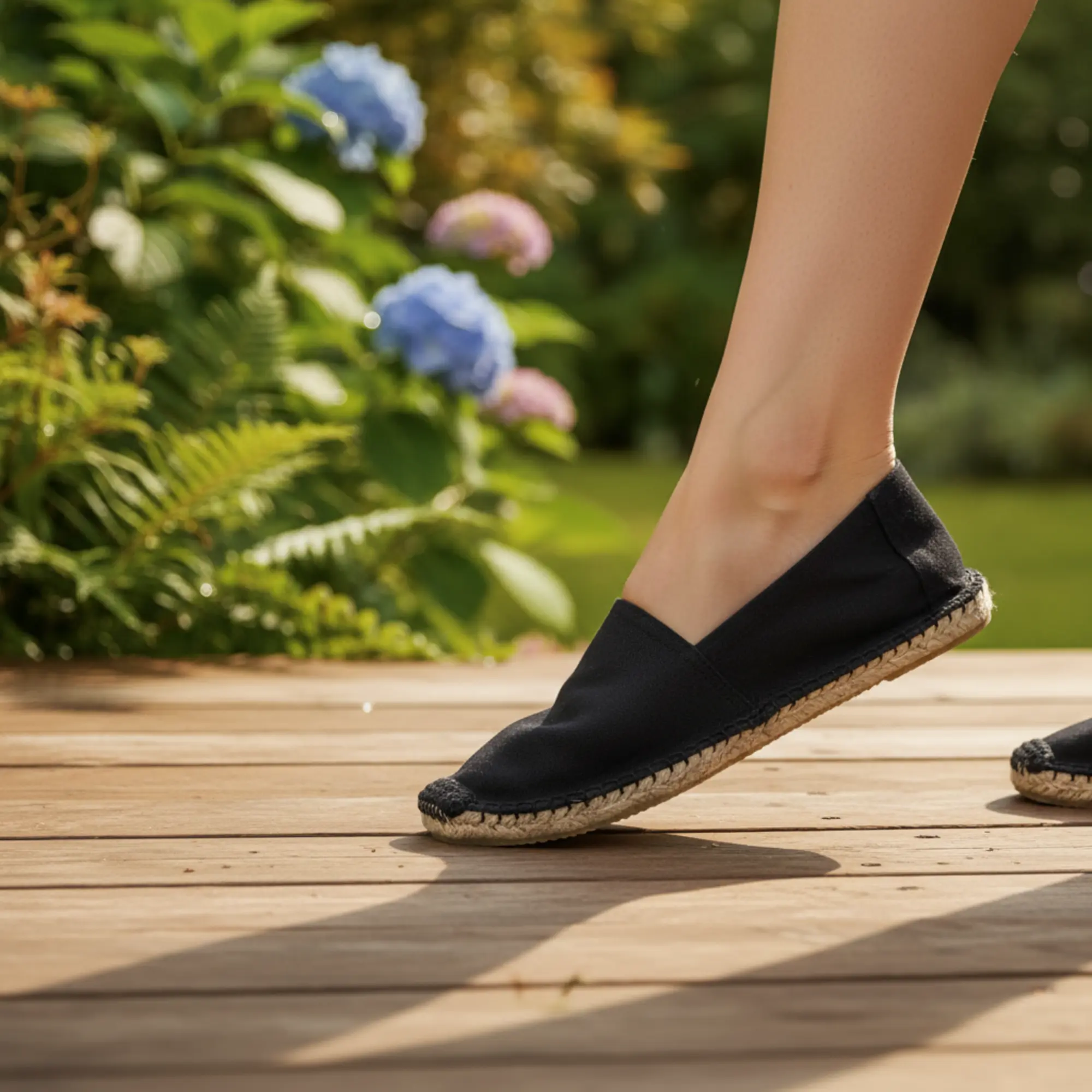 Schwarze Espadrilles auf Holz, draußen Hortensien.