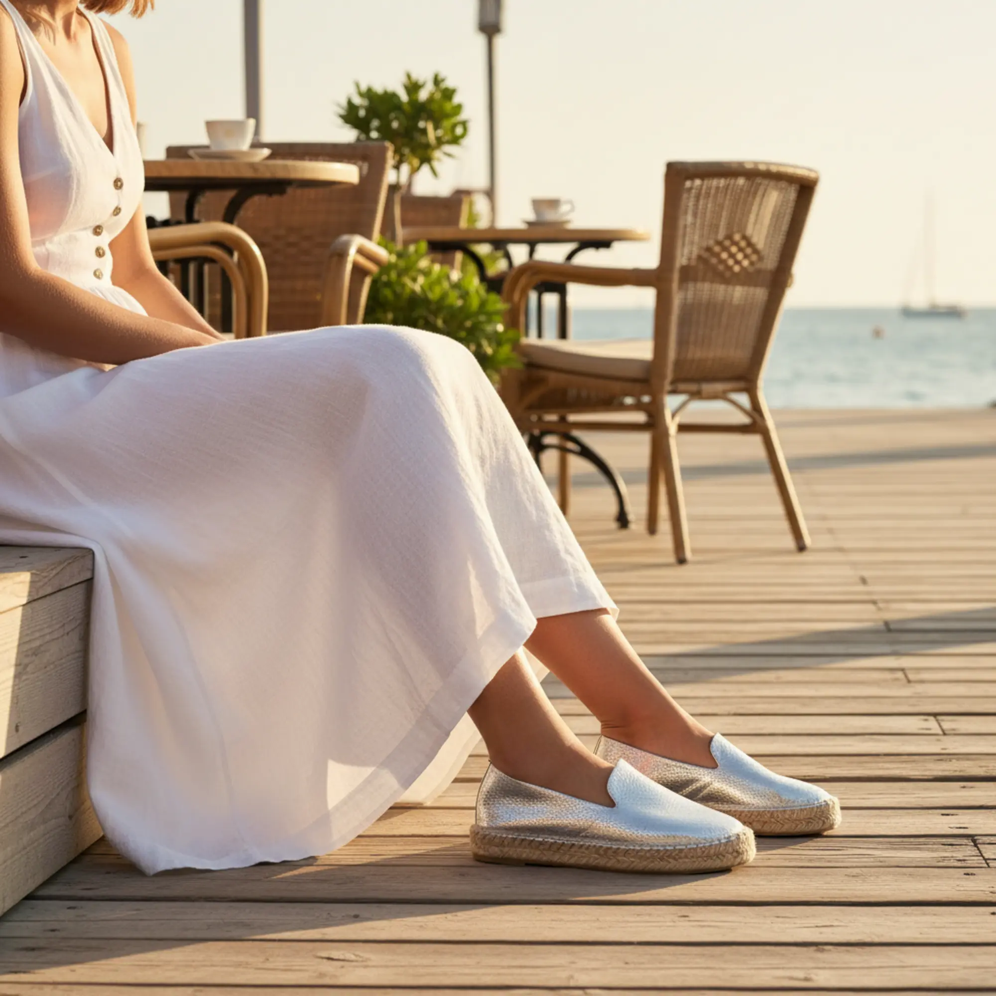 Frau mit silbernen Espadrilles auf einer Terrasse.
