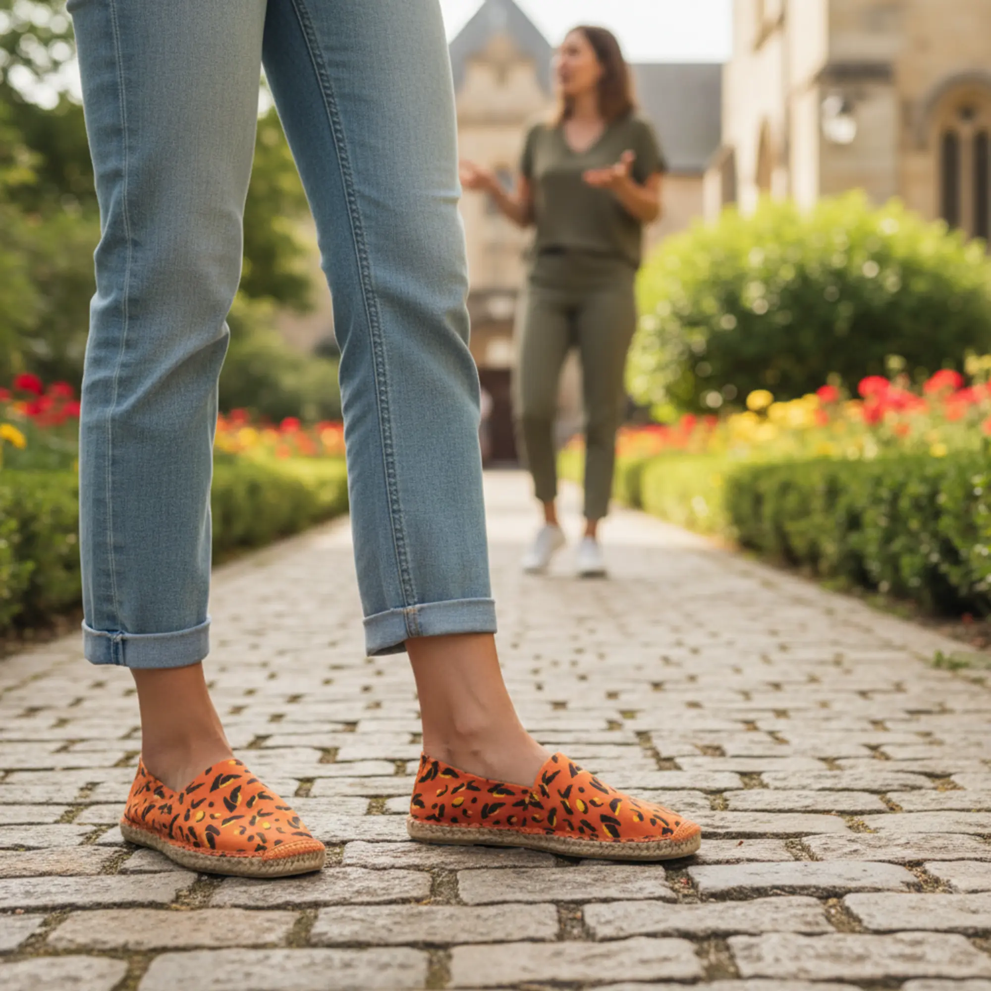 Frau trägt orangefarbene Espadrilles mit Leopardenmuster.
