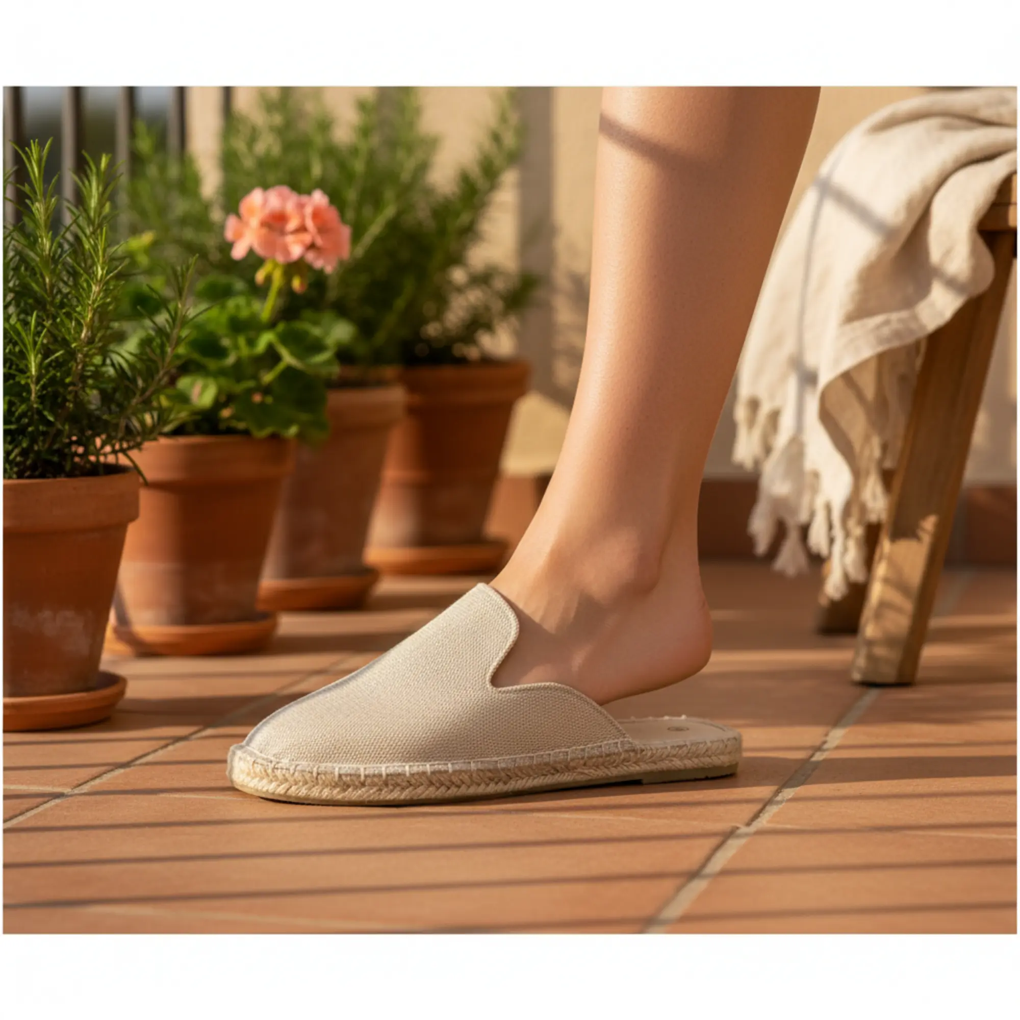 Beige Espadrilles-Sandalen aus Canvas auf einem Balkon.
