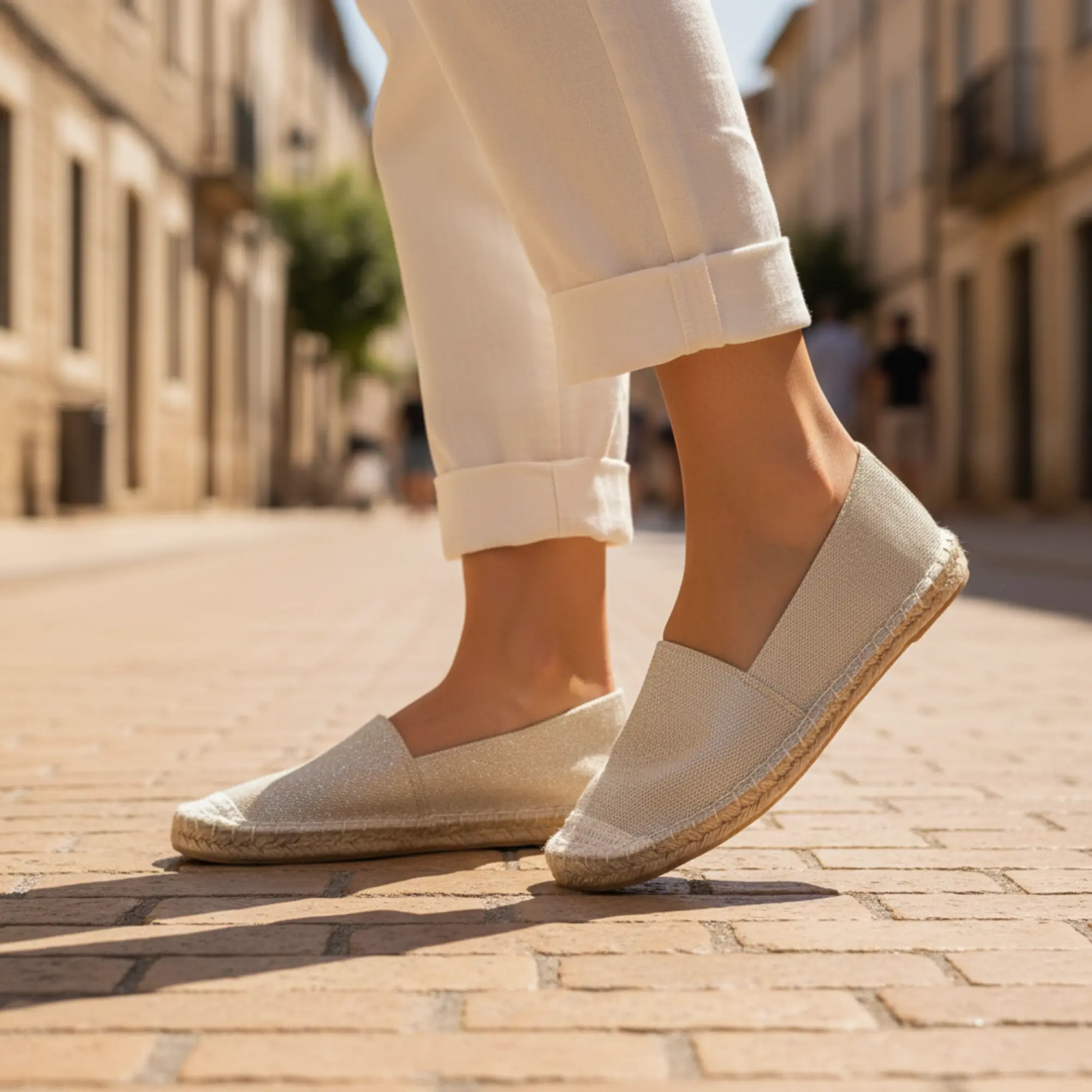 Goldene Espadrilles, getragen auf einem Kopfsteinpflaster.