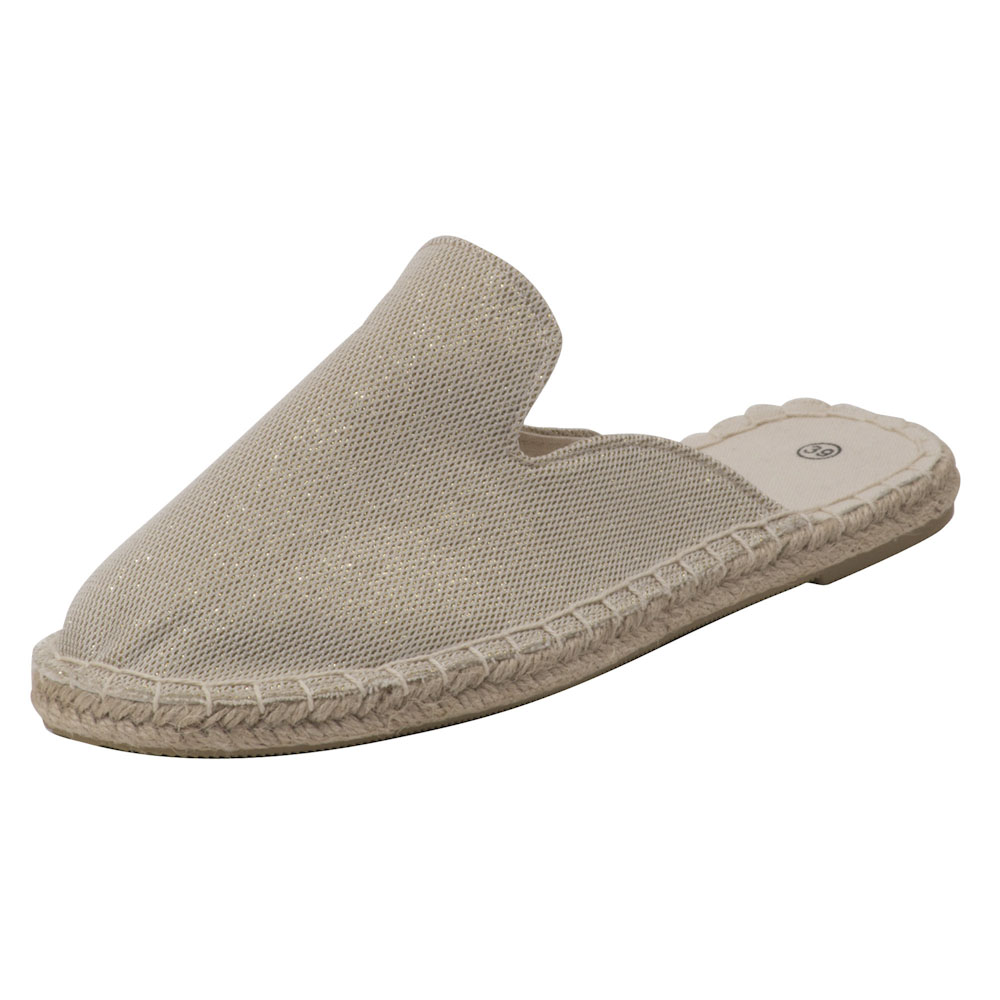 Espadrilles Pantoletten Canvas Slipper Damen Sommerlatschen Farbe: Gold mit Glitzer, Größe: 42