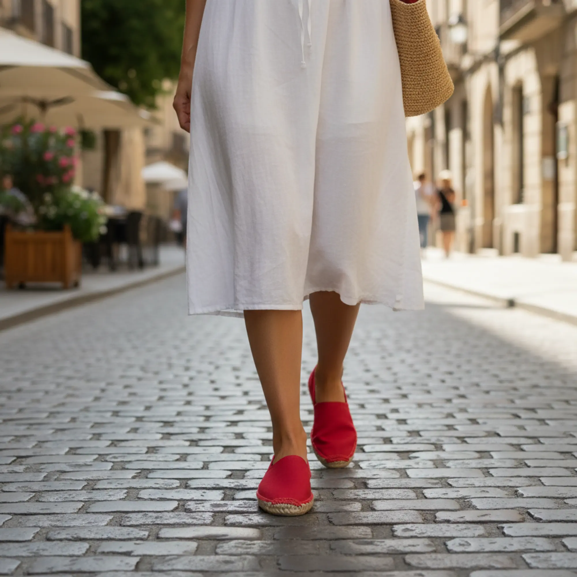 Rubinrote Espadrilles auf Kopfsteinpflaster mit weißen Leinen-Culottes.