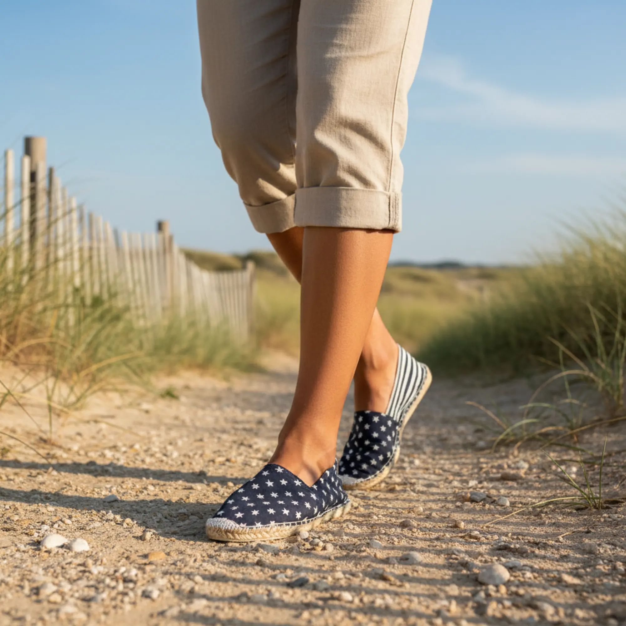 Spaziergänge mit Espadrilles unter Sternen, ein sommerlicher Strandtag.