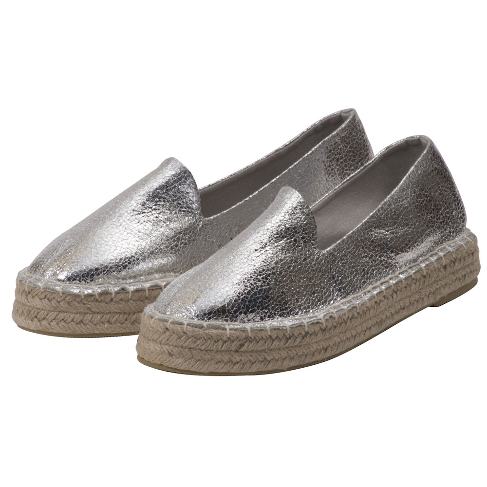 Espadrilles Metallic mit Plateausohle Canvas Damen Sommerlatschen Farbe: Silber, Größe: 37